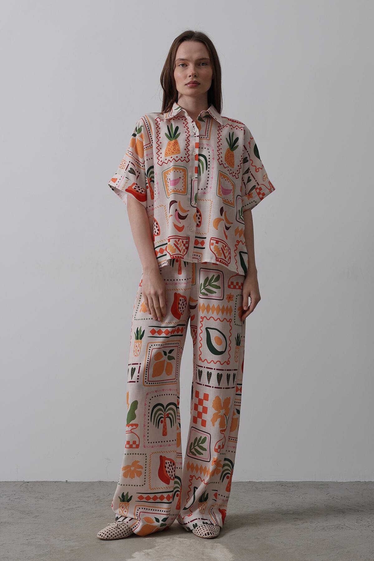 Taş Baskılı Kısa Kol Gömlek Ve Pantolon Takım