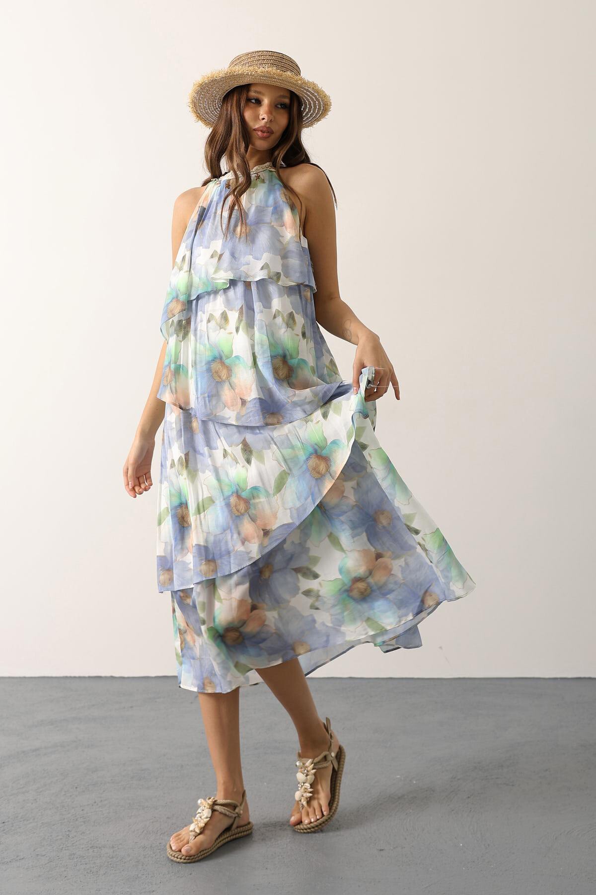 Mavi Baskılı Yaka Detaylı Kat Kat Elbise