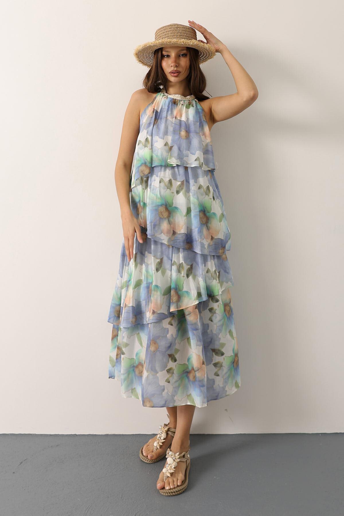 Mavi Baskılı Yaka Detaylı Kat Kat Elbise