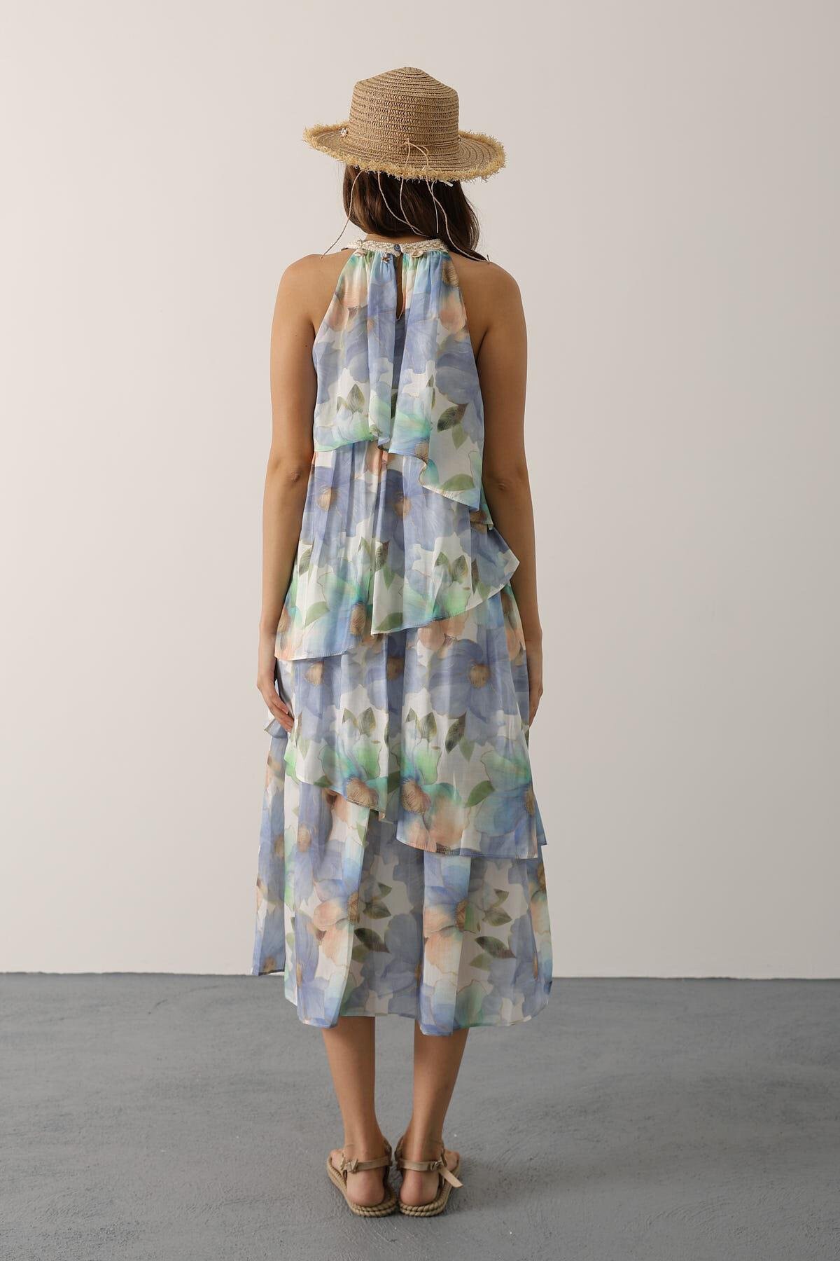 Mavi Baskılı Yaka Detaylı Kat Kat Elbise