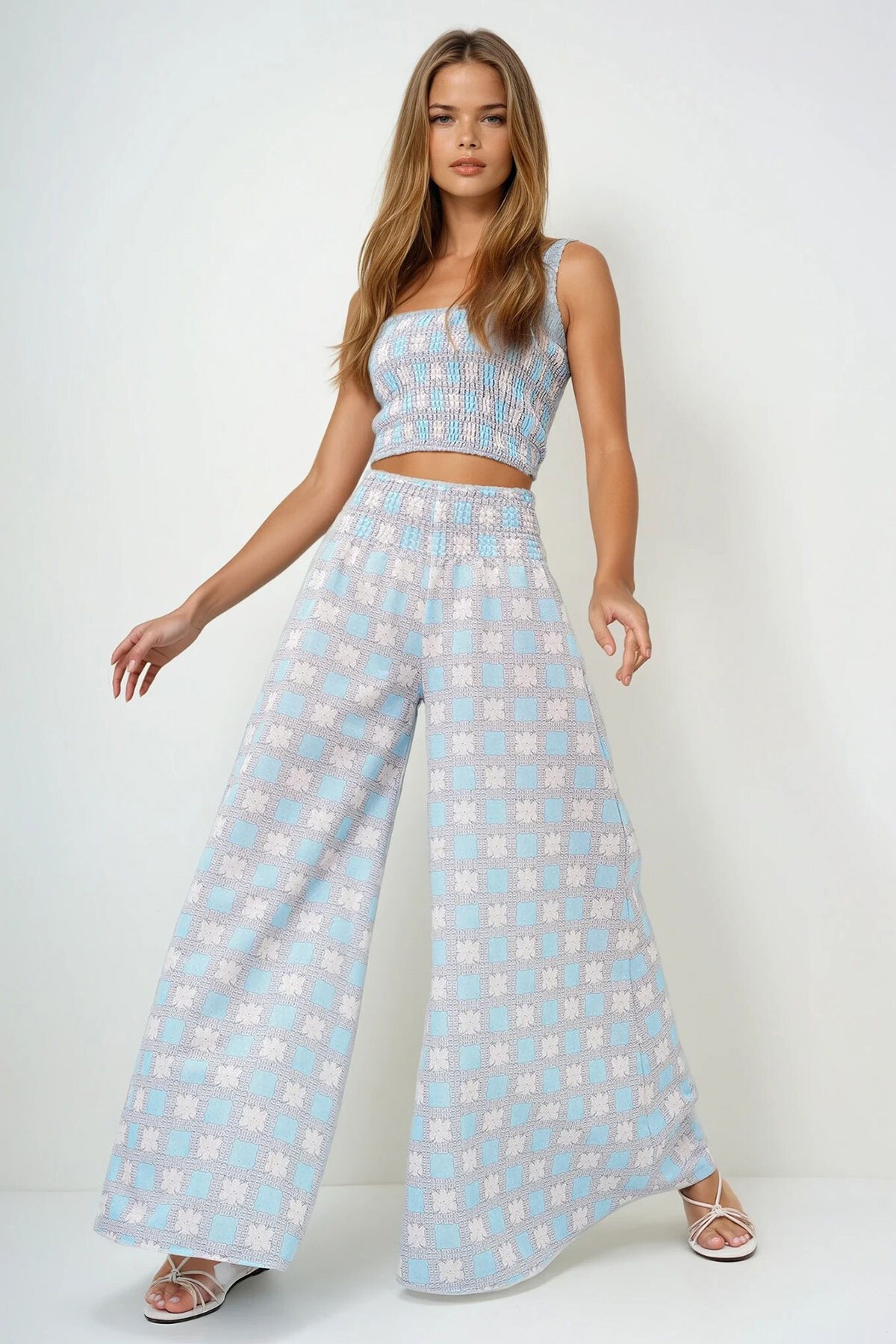 Bebe Mavi Beli Gipeli Geniş Paça Pantolon Ve Gipeli Crop Büstiyer Takım