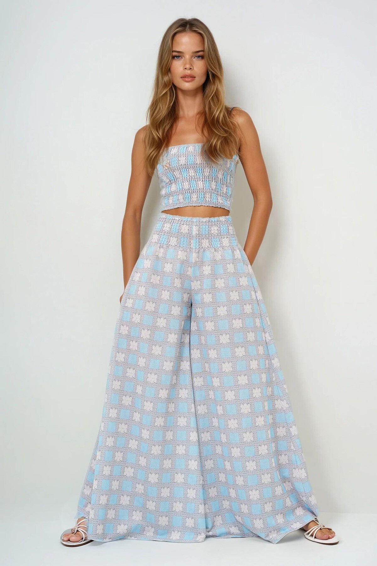 Bebe Mavi Beli Gipeli Geniş Paça Pantolon Ve Gipeli Crop Büstiyer Takım