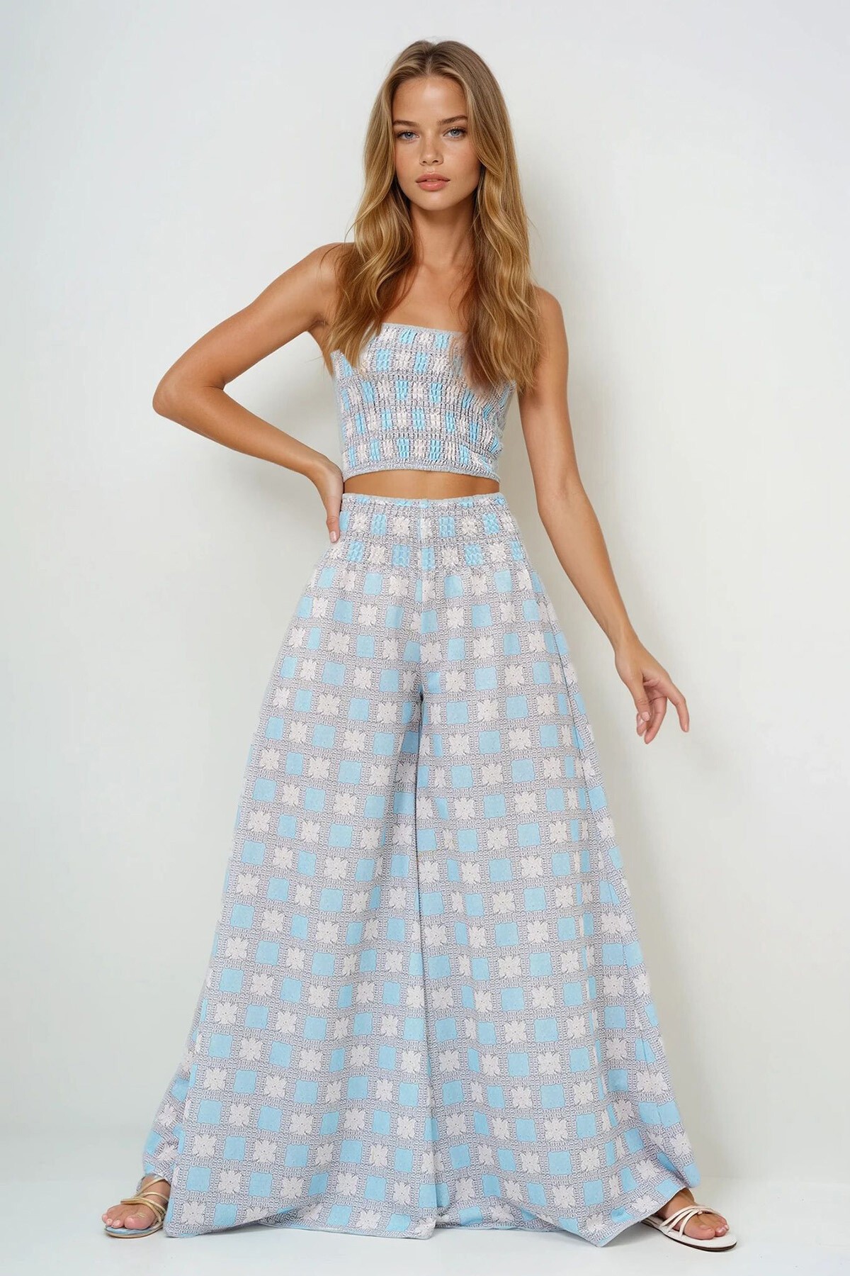 Bebe Mavi Beli Gipeli Geniş Paça Pantolon Ve Gipeli Crop Büstiyer Takım