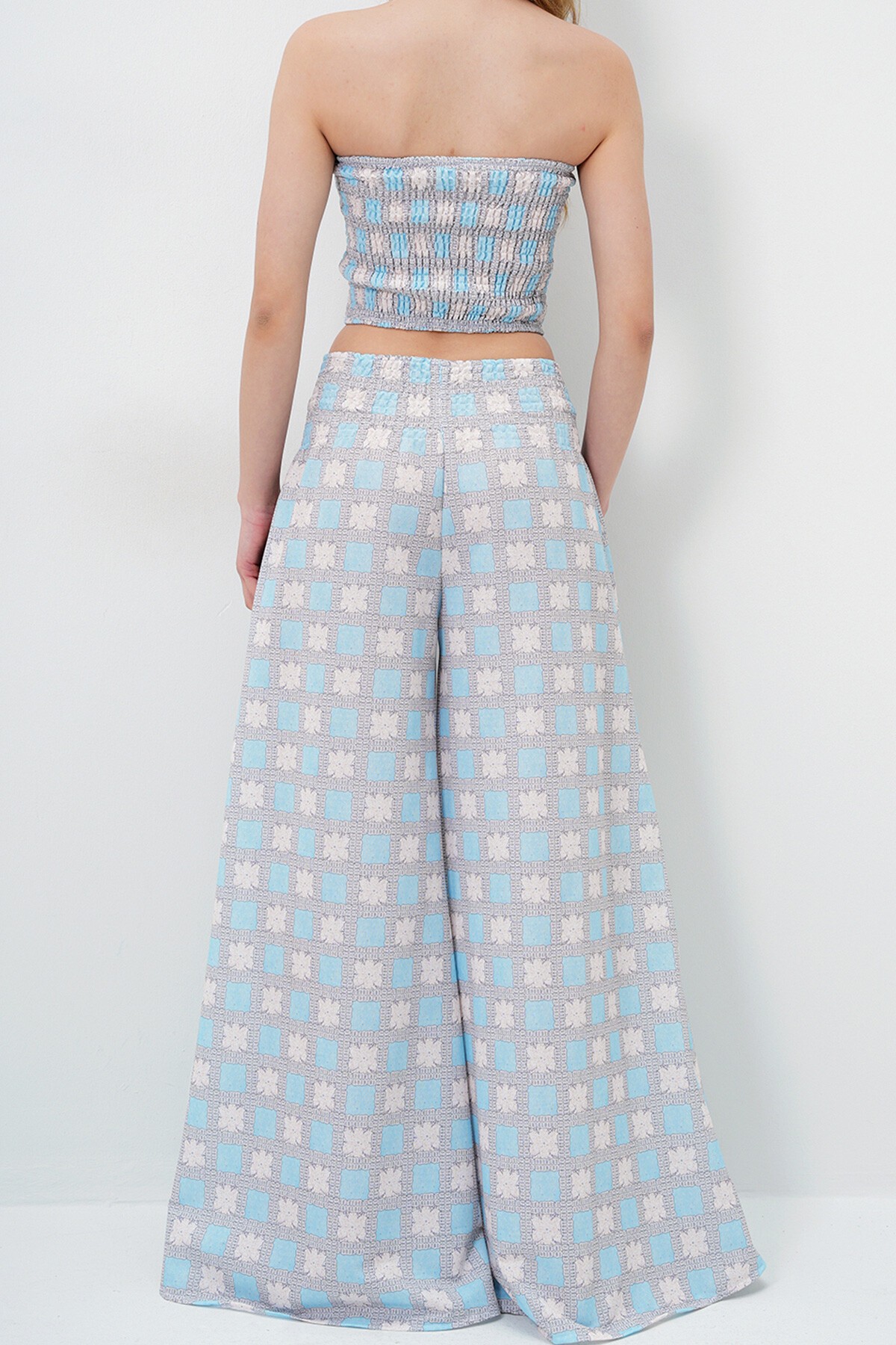 Bebe Mavi Beli Gipeli Geniş Paça Pantolon Ve Gipeli Crop Büstiyer Takım