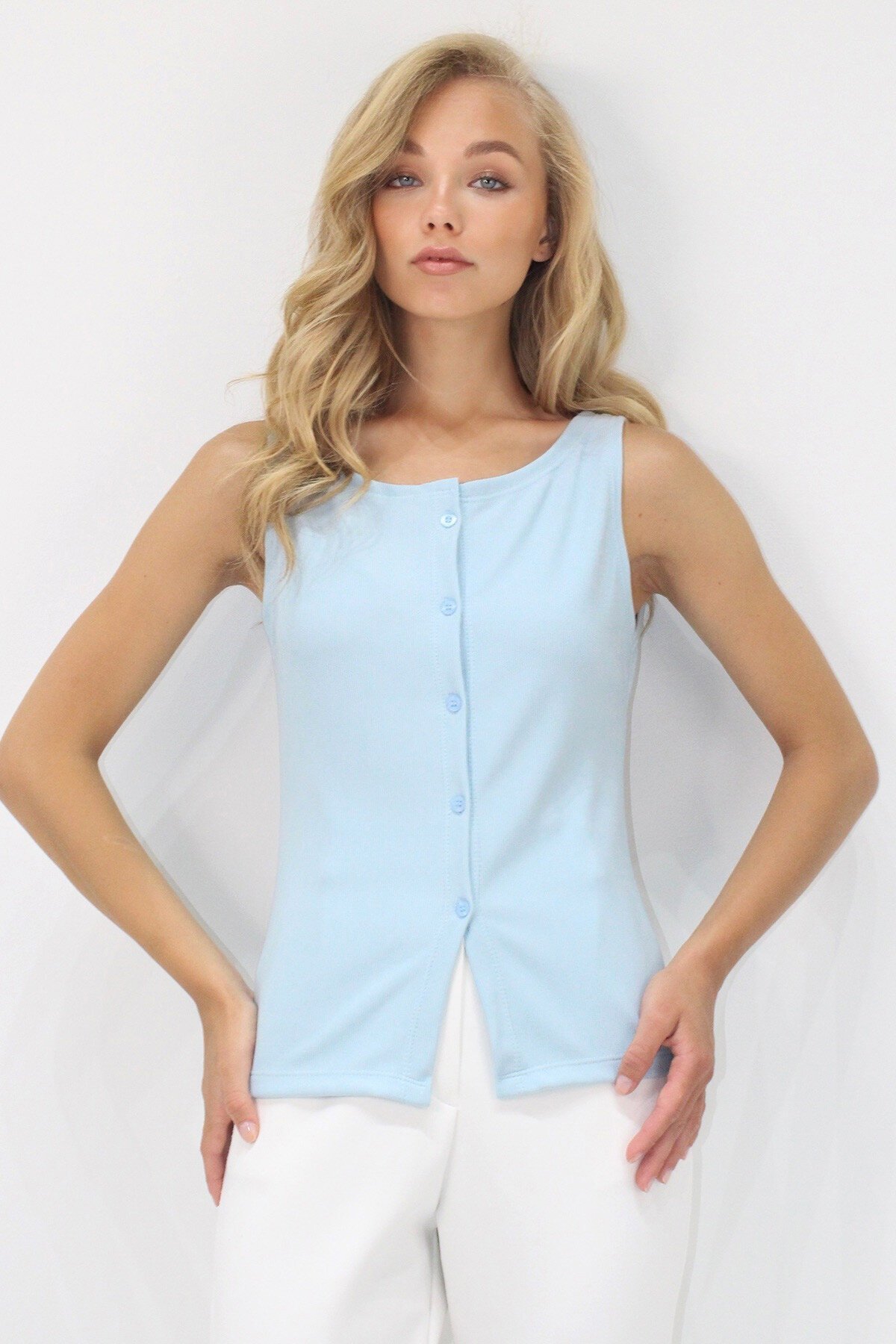 Bebe Mavi Bisiklet Yaka Önü Düğmeli Ottoban Kolsuz Bluz