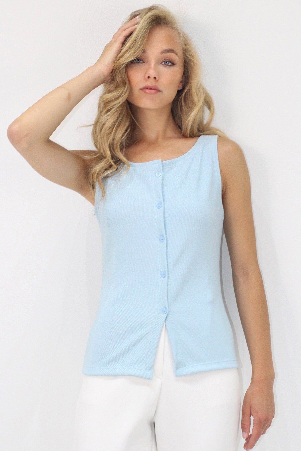 Bebe Mavi Bisiklet Yaka Önü Düğmeli Ottoban Kolsuz Bluz