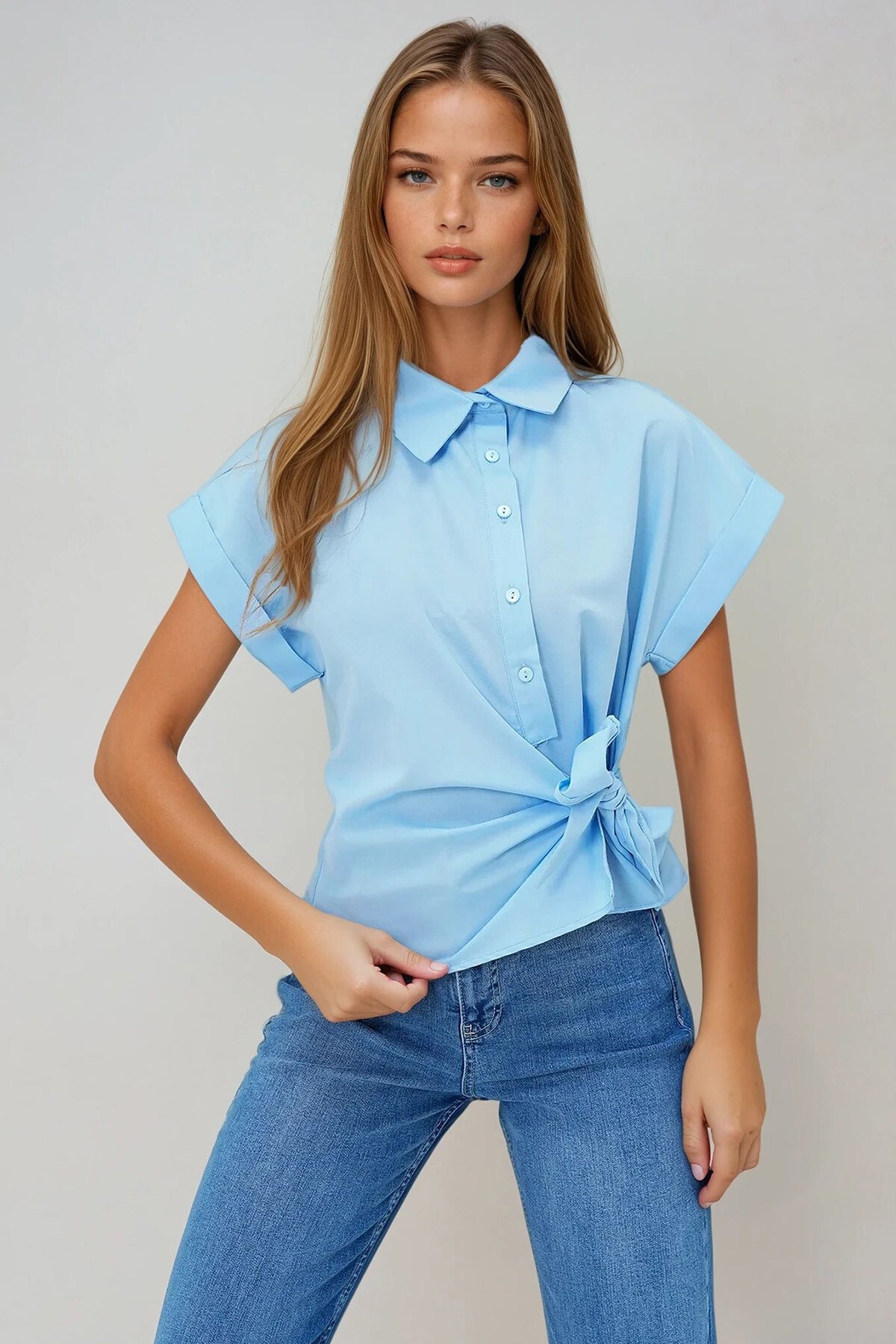 Bebe Mavi Double Kol Bağlama Detaylı Poplin Gömlek
