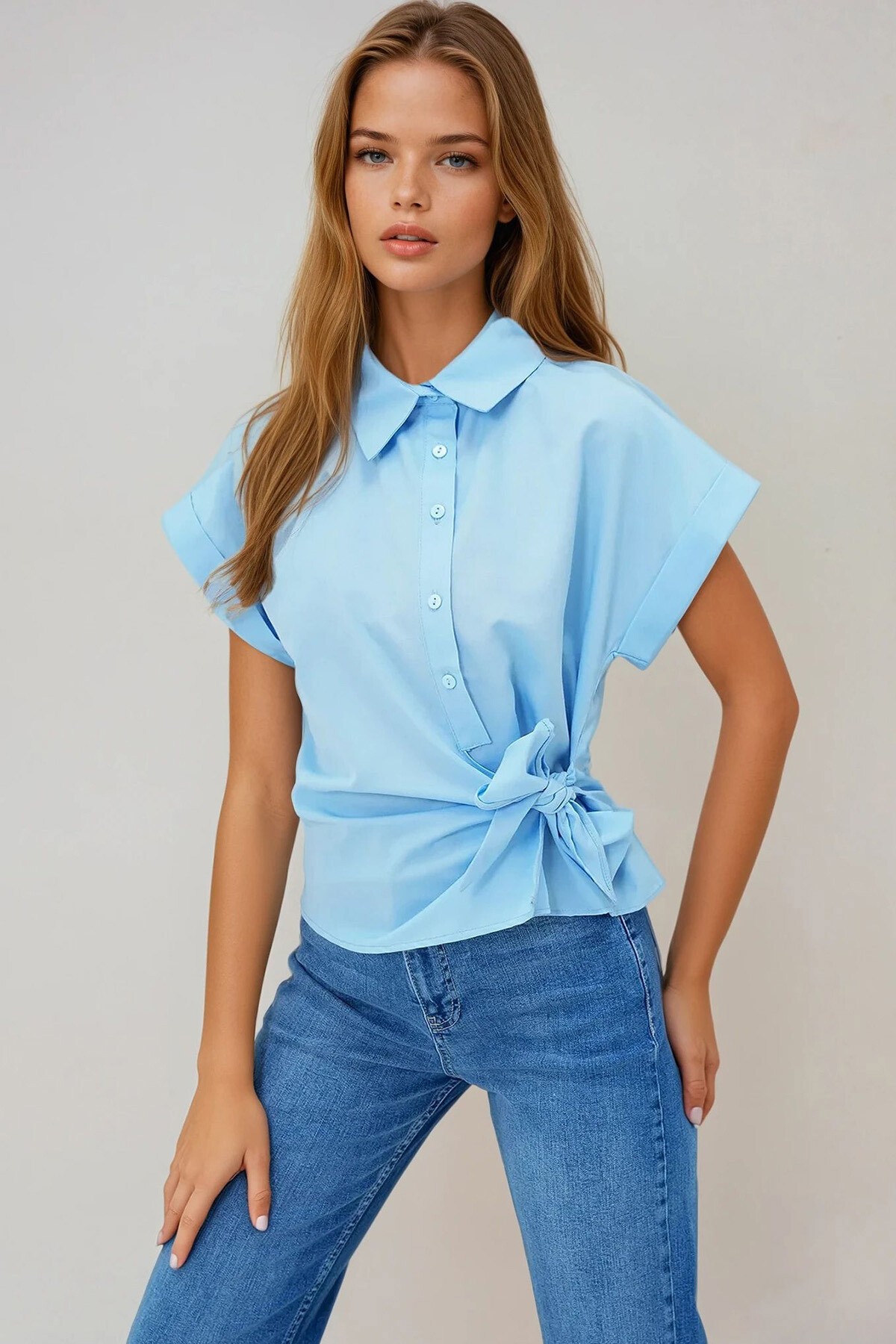 Bebe Mavi Double Kol Bağlama Detaylı Poplin Gömlek
