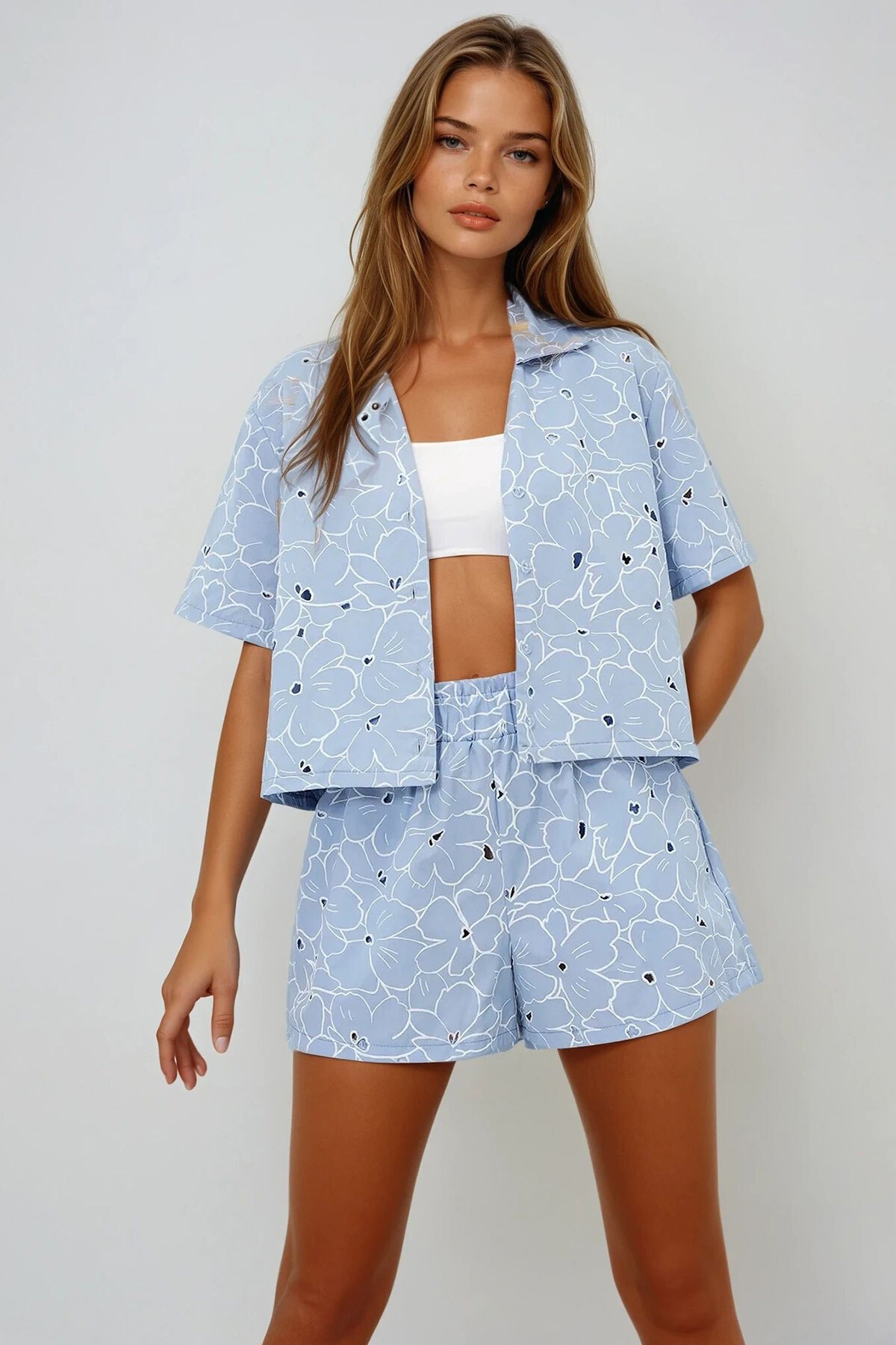 Bebe Mavi Lazer Kesim Delikli Crop Gömlek Ve Şortlu Alt Üst Takım