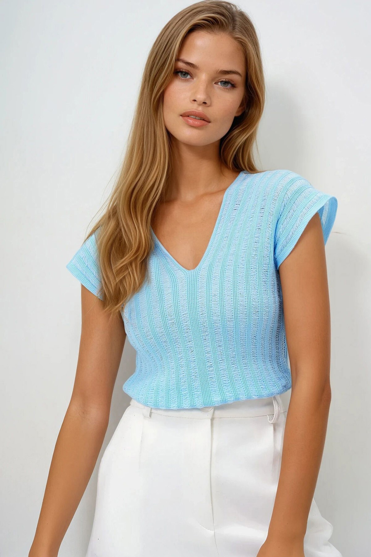 Bebe Mavi Ön Arka V Yaka Ajurlu Yazlık Triko Bluz