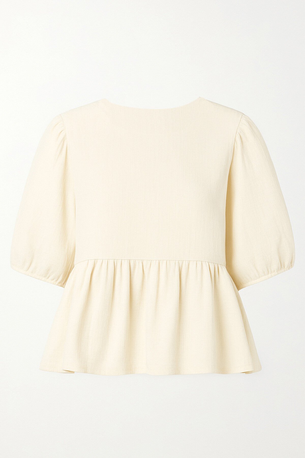 Bej Bağlama Detaylı Derin V Yaka Kolları Lastikli Bluz