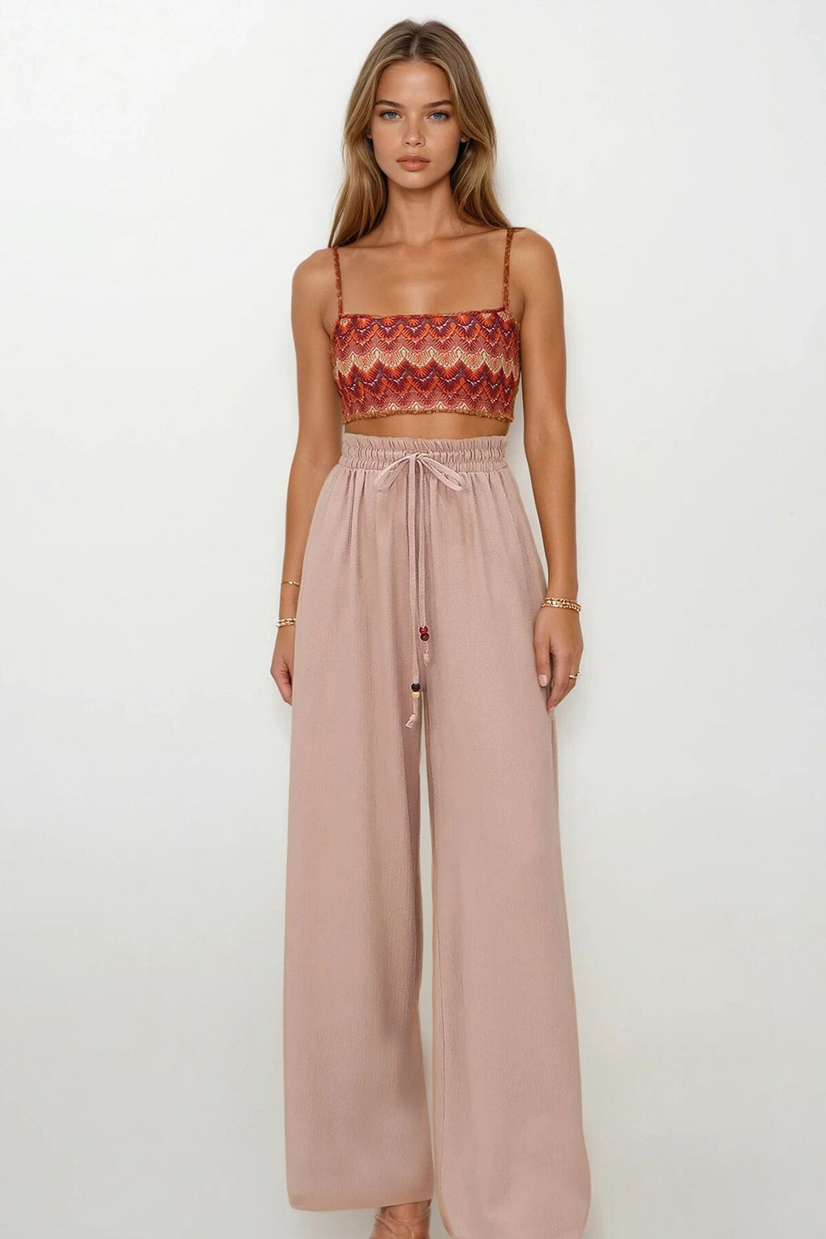 Bej Çift Cepli Beli Lastikli Bağlamalı Palazzo Pantolon