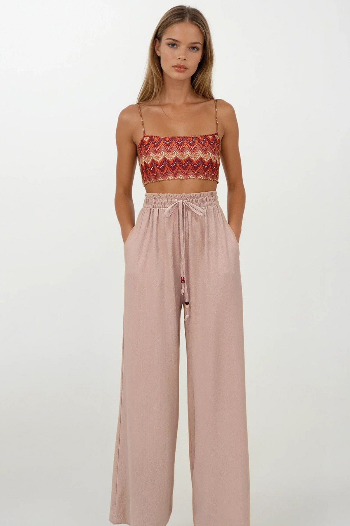 Bej Çift Cepli Beli Lastikli Bağlamalı Palazzo Pantolon