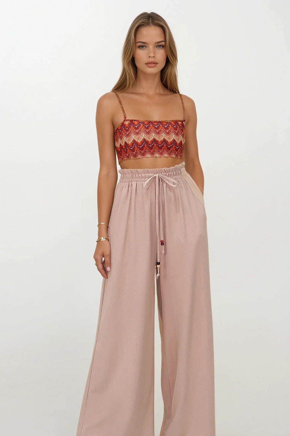 Bej Çift Cepli Beli Lastikli Bağlamalı Palazzo Pantolon