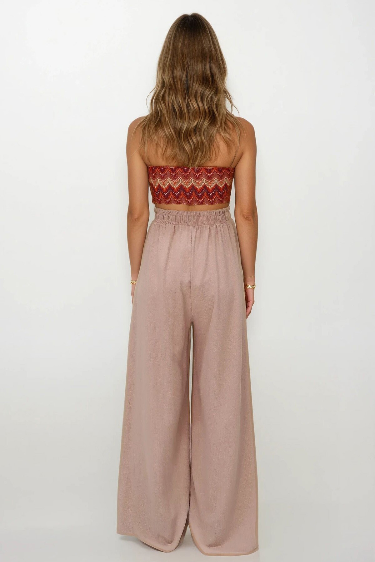 Bej Çift Cepli Beli Lastikli Bağlamalı Palazzo Pantolon