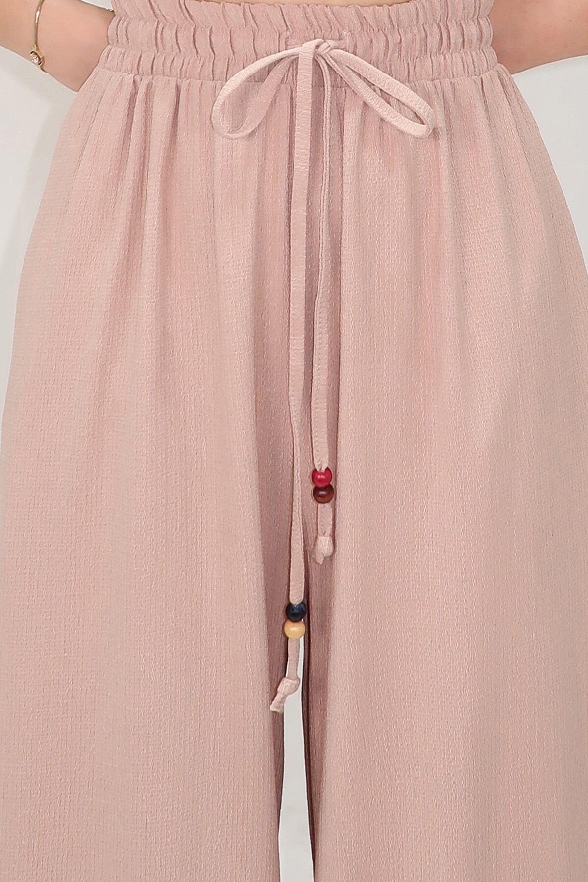 Bej Çift Cepli Beli Lastikli Bağlamalı Palazzo Pantolon