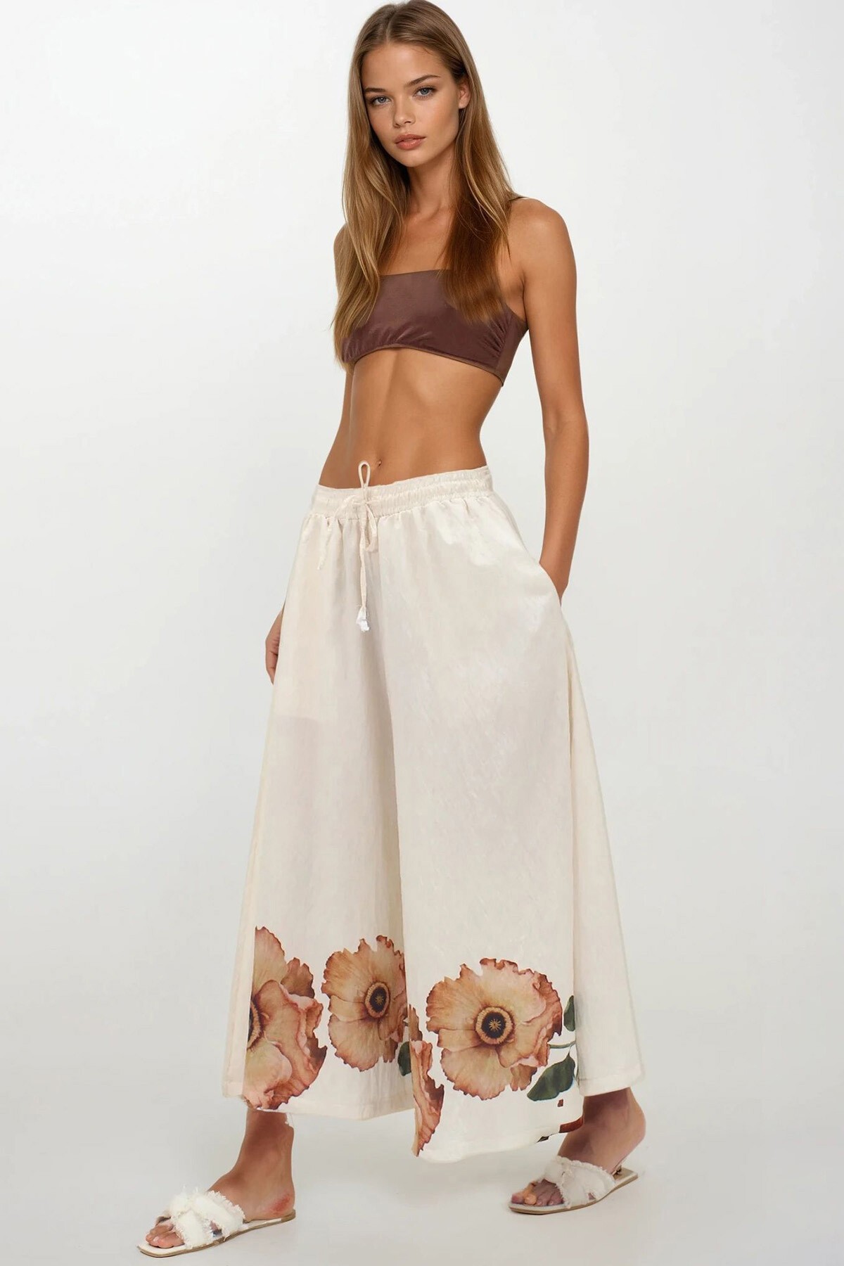 Bej Çift Cepli Beli Lastikli  Baskılı Kendinden Dokulu Bol Paça Aerobin Pantolon