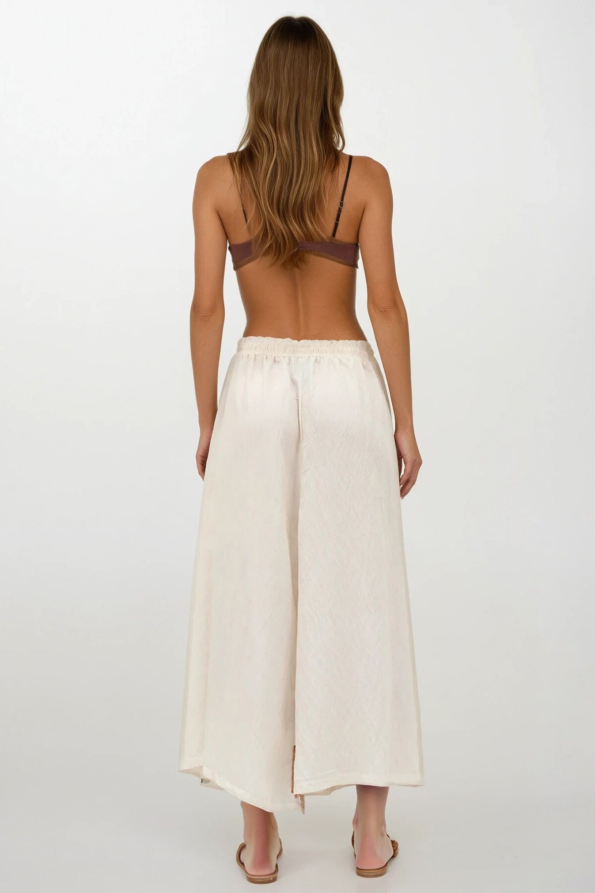 Bej Çift Cepli Beli Lastikli  Baskılı Kendinden Dokulu Bol Paça Aerobin Pantolon