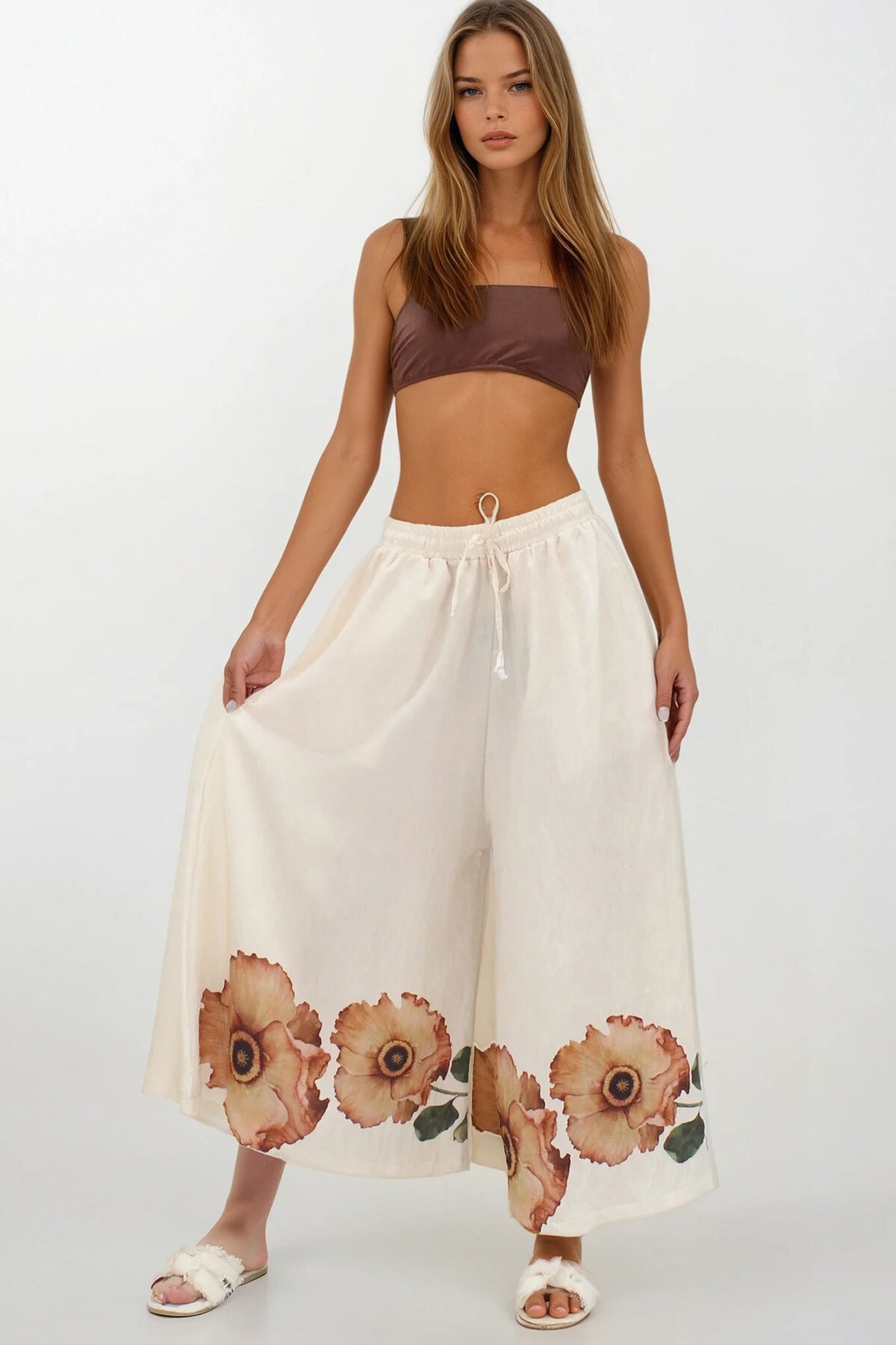 Bej Çift Cepli Beli Lastikli  Baskılı Kendinden Dokulu Bol Paça Aerobin Pantolon