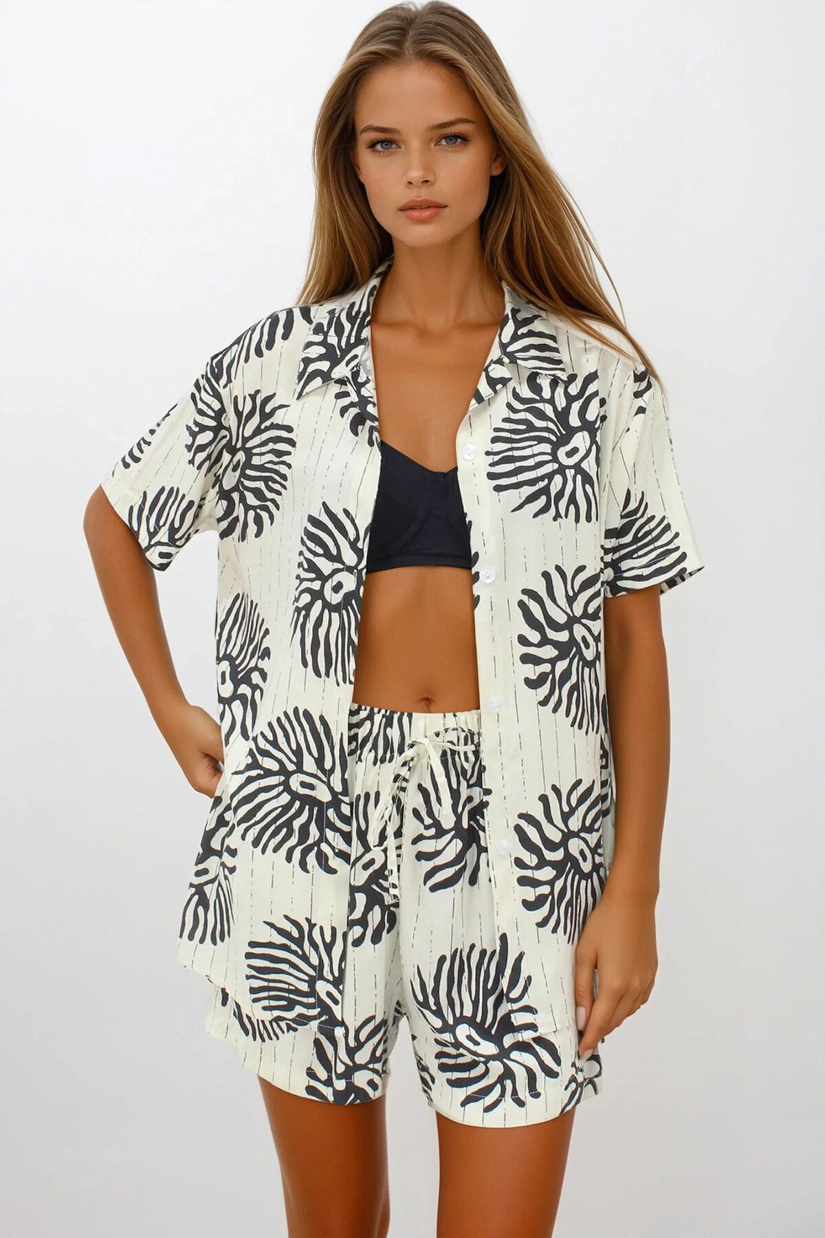 Bej Çift Cepli Beli Lastikli Şort Oversize Gömlek Takım