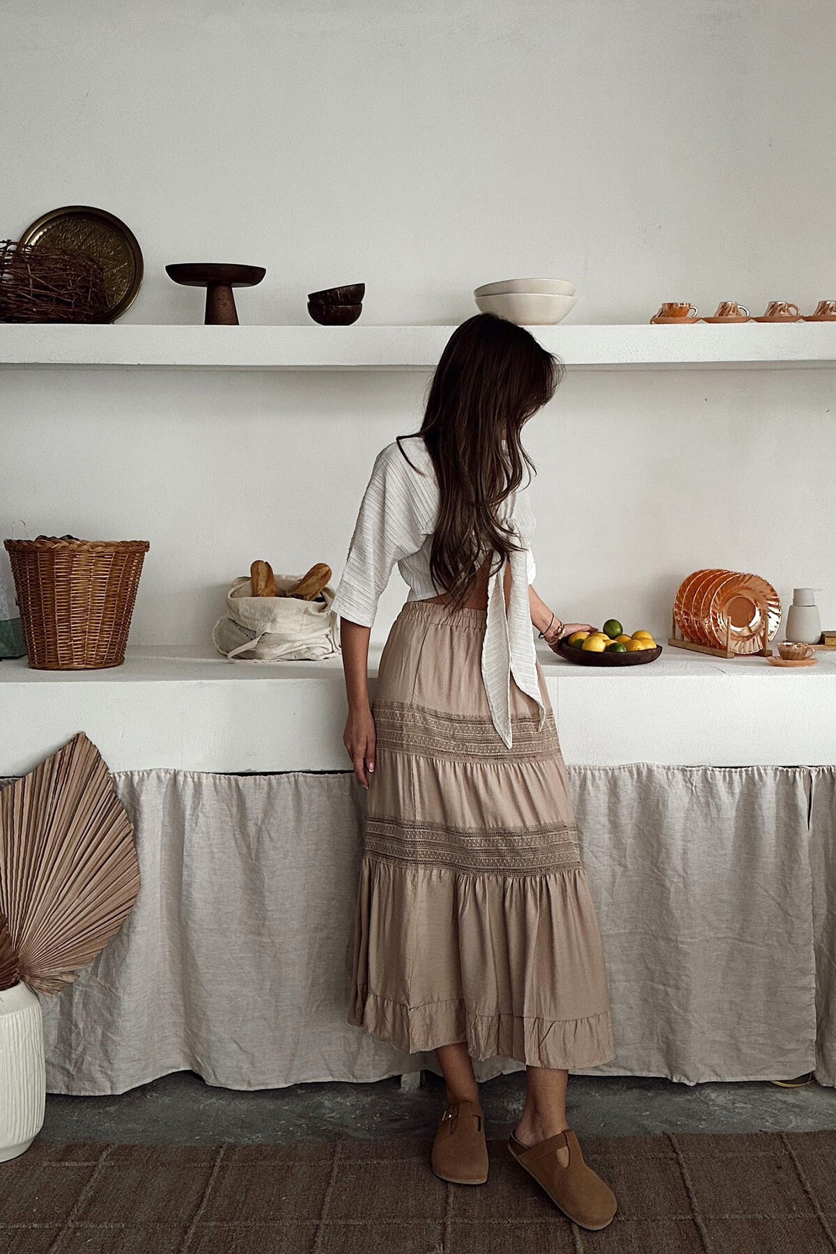 Bej Güpürlü Beli Lastikli Midi Boy Dokuma Etek