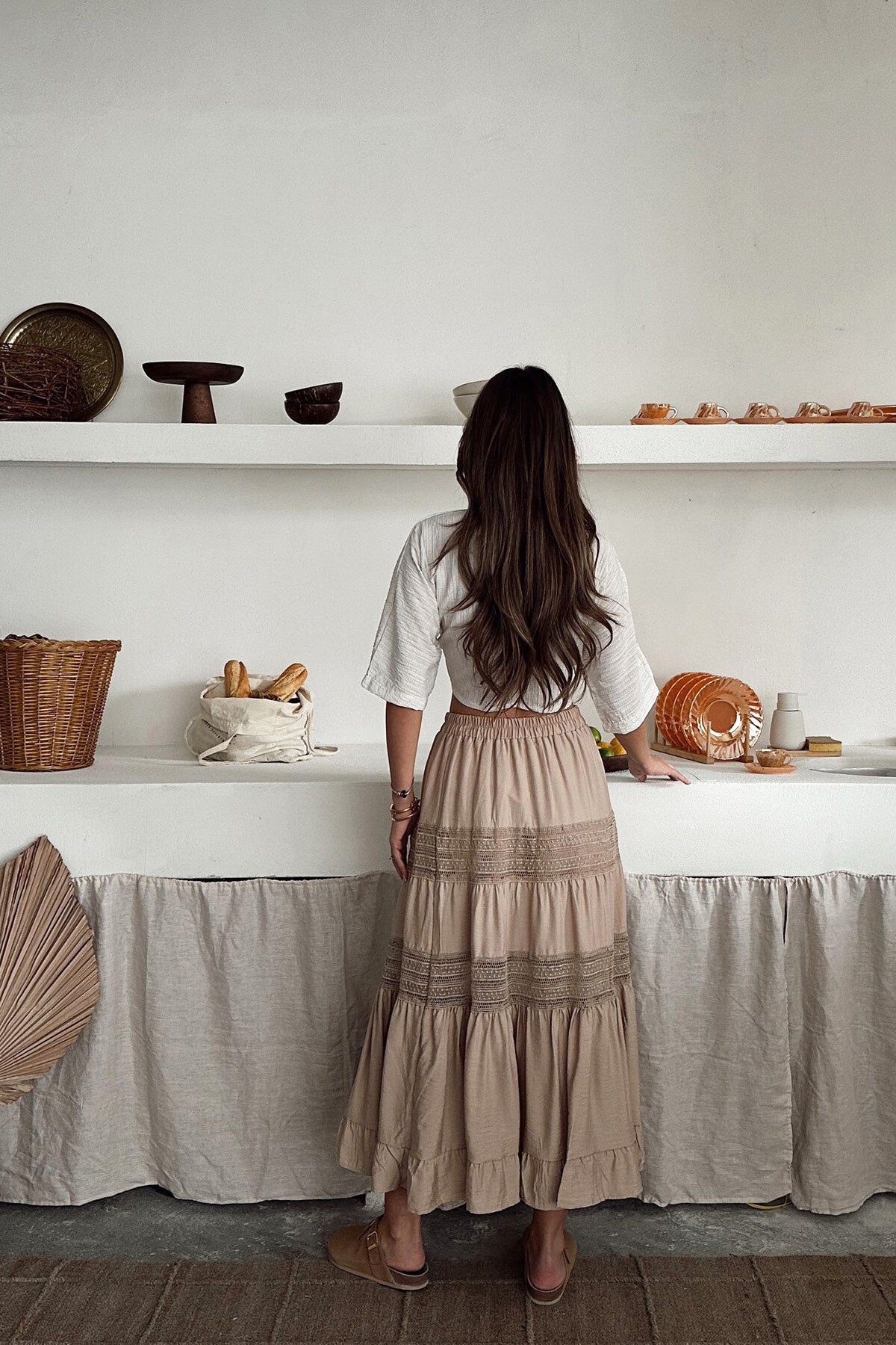 Bej Güpürlü Beli Lastikli Midi Boy Dokuma Etek