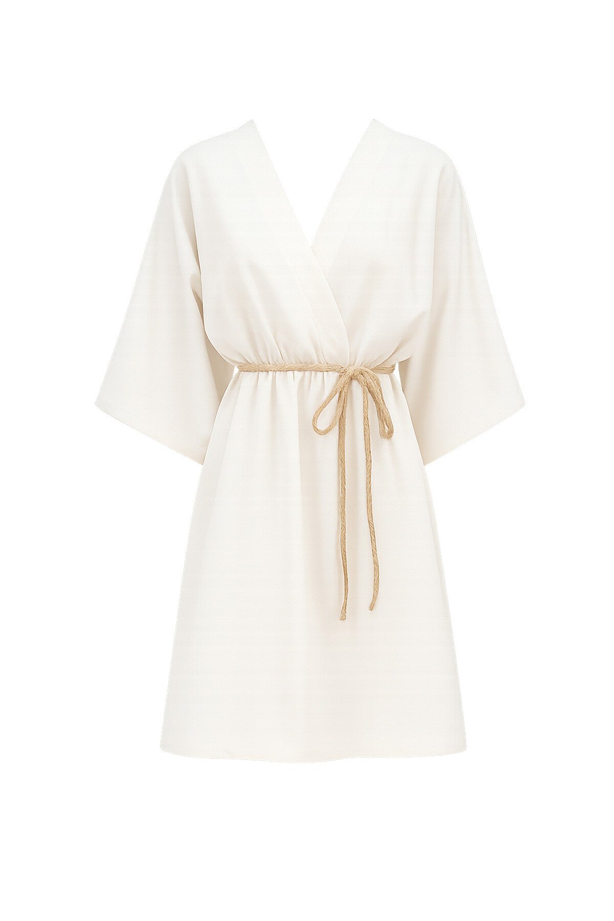 Bej Kruvaze Yaka Kuşaklı Keten  Mini Elbise