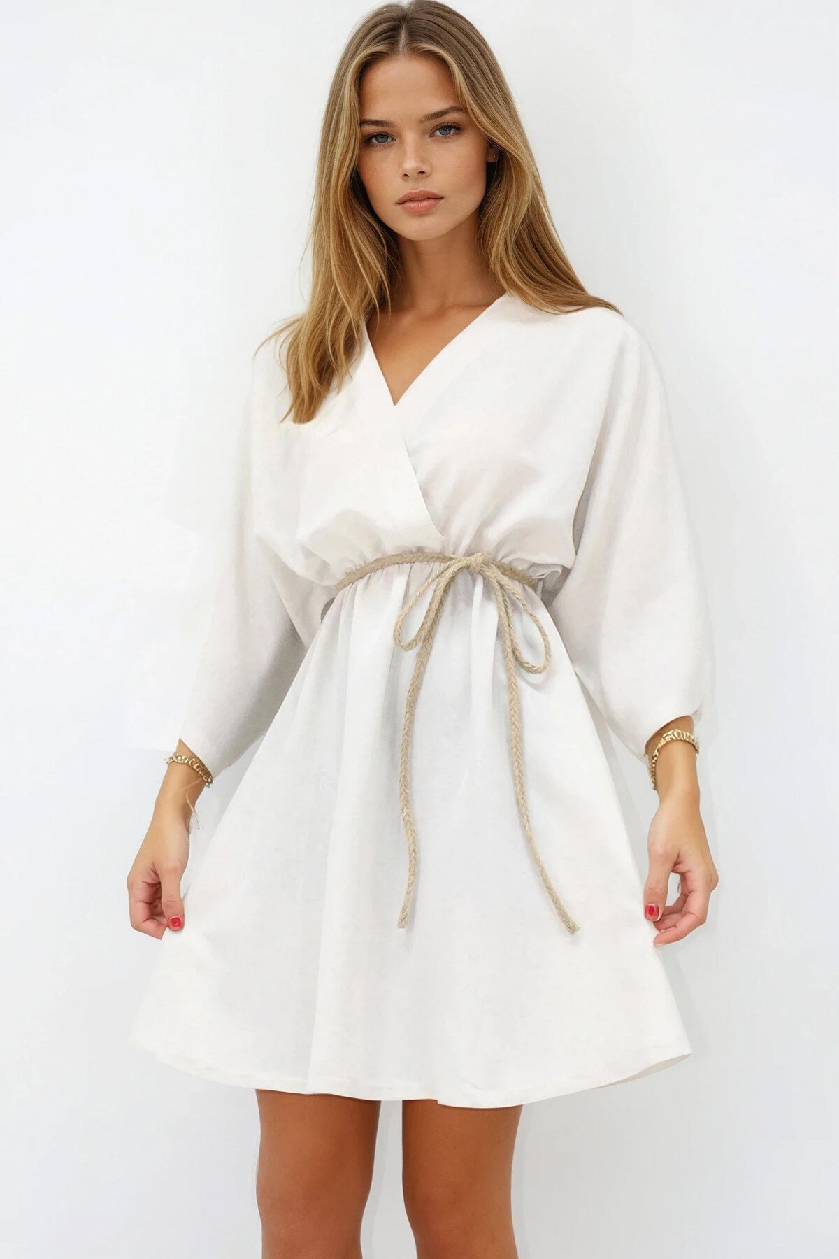 Bej Kruvaze Yaka Kuşaklı Keten  Mini Elbise