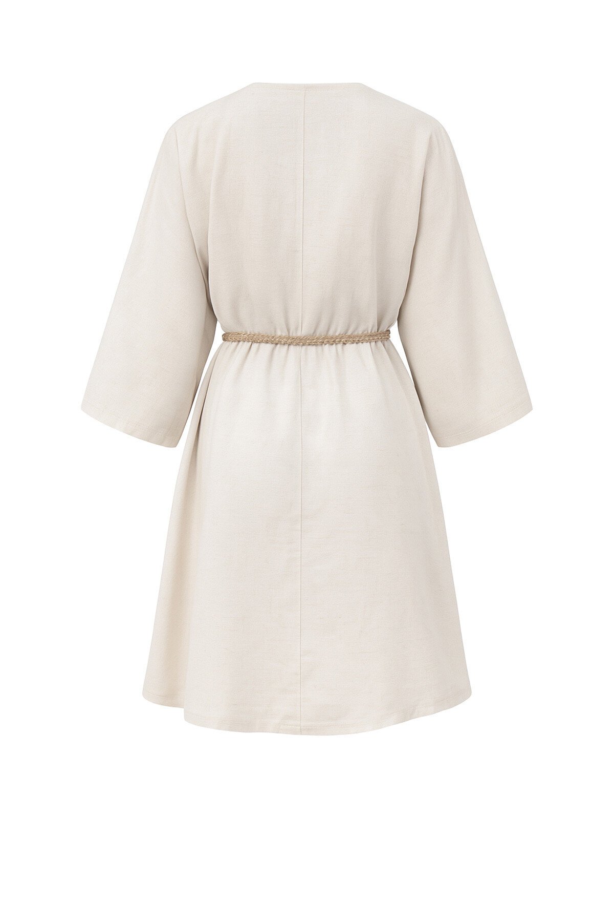 Bej Kruvaze Yaka Kuşaklı Keten  Mini Elbise