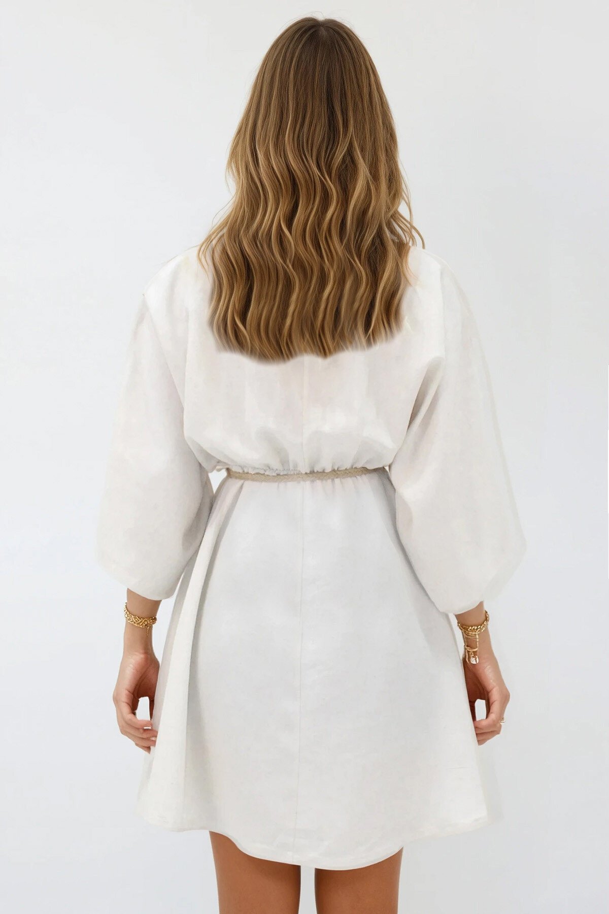 Bej Kruvaze Yaka Kuşaklı Keten  Mini Elbise