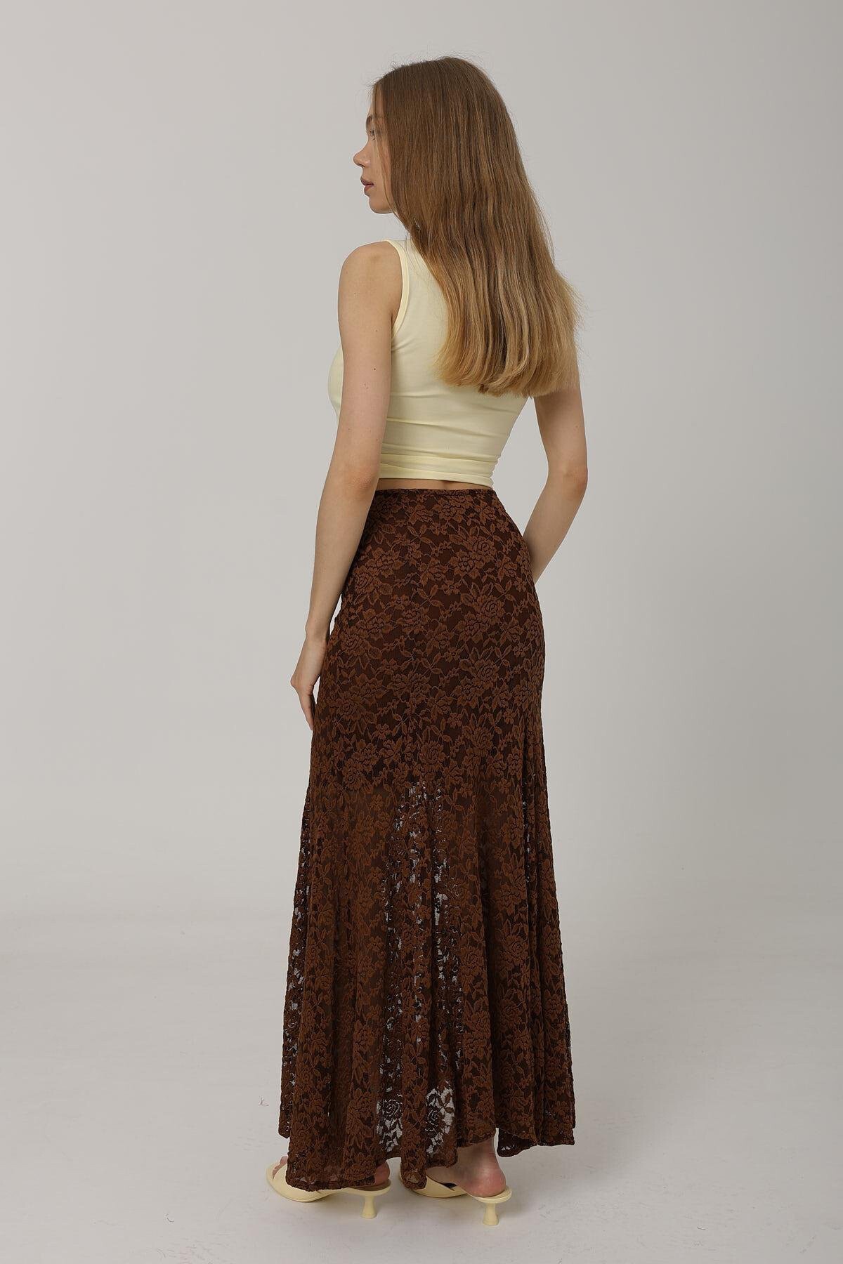 Kahve Beli Lastikli Astarlı Dantel İşlemeli Midi Boy Etek