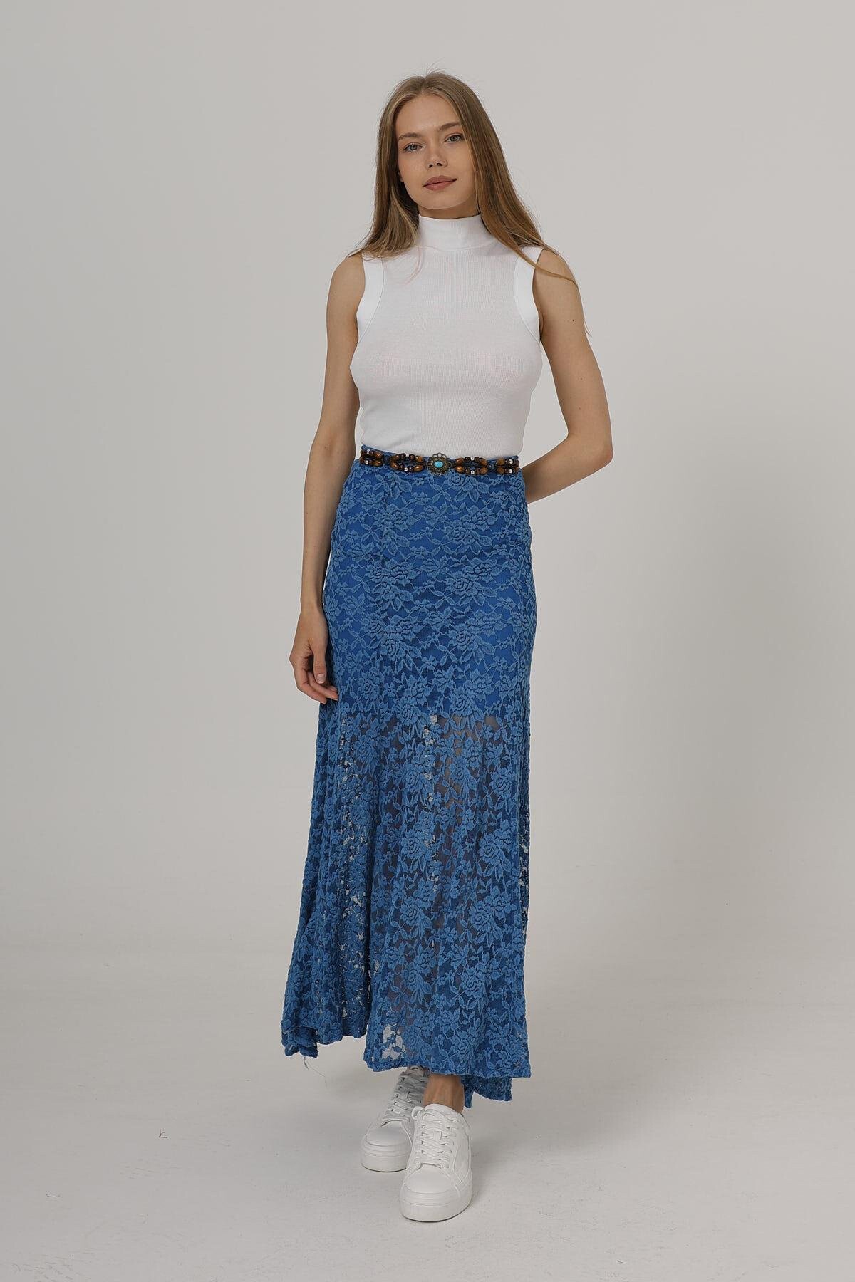 Mavi Beli Lastikli Astarlı Dantel İşlemeli Midi Boy Etek