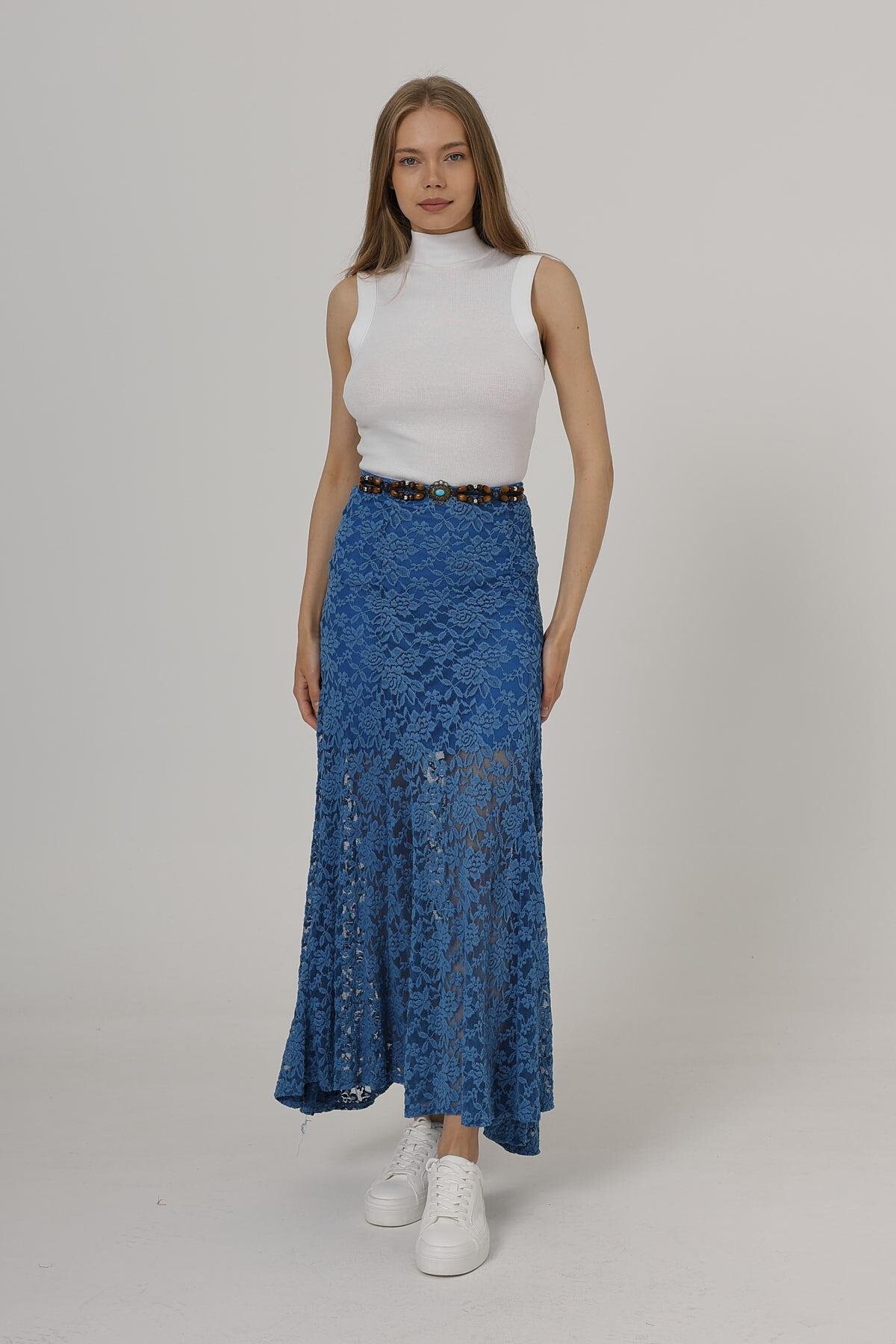 Mavi Beli Lastikli Astarlı Dantel İşlemeli Midi Boy Etek