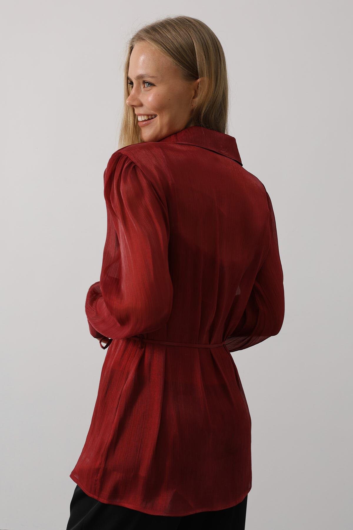 Bordo Belden Bağlamalı Uzun Kollu Oversize Gömlek