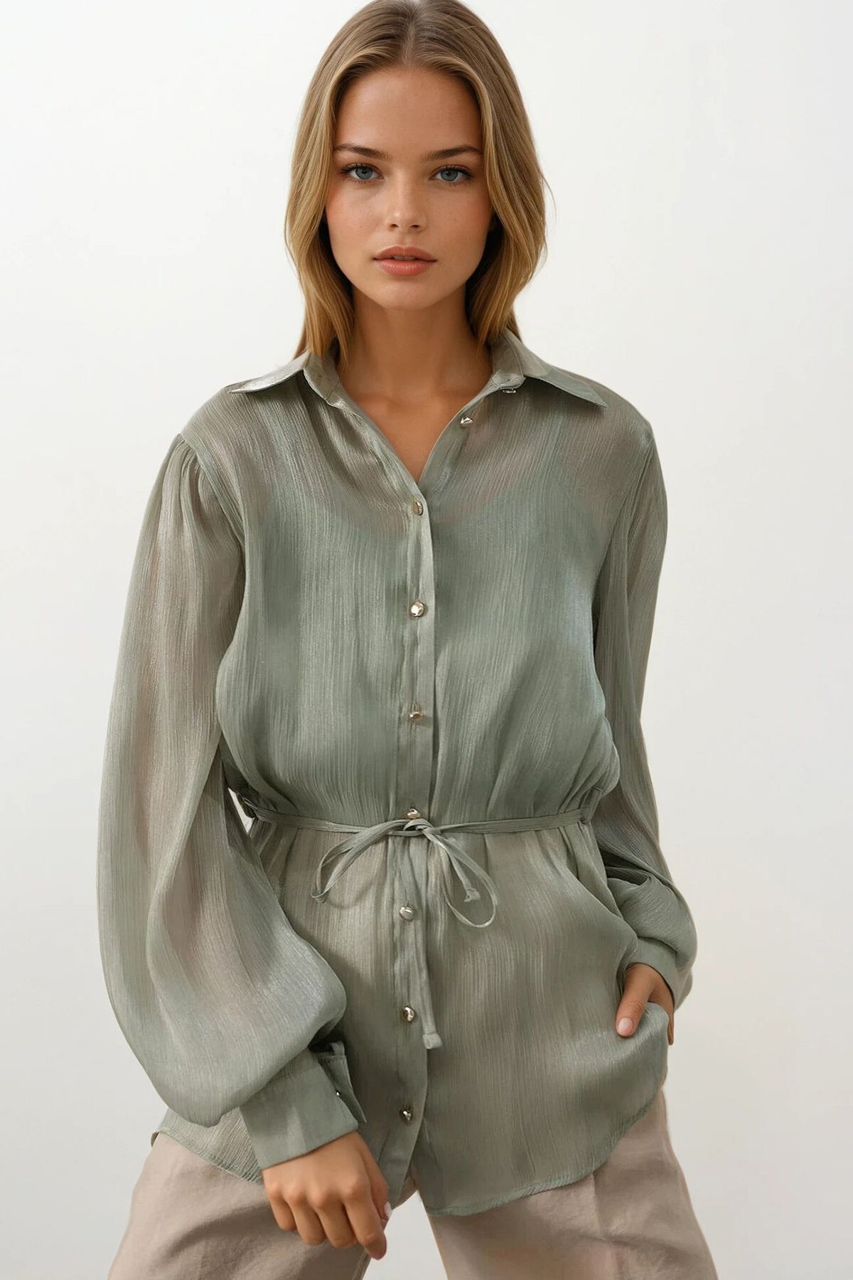 Haki Belden Bağlamalı Uzun Kollu Oversize Gömlek