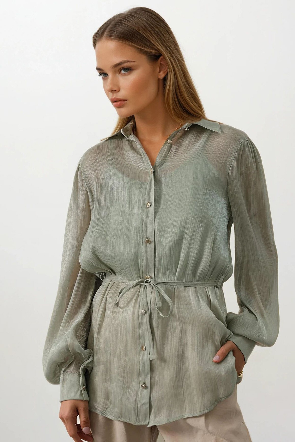 Haki Belden Bağlamalı Uzun Kollu Oversize Gömlek
