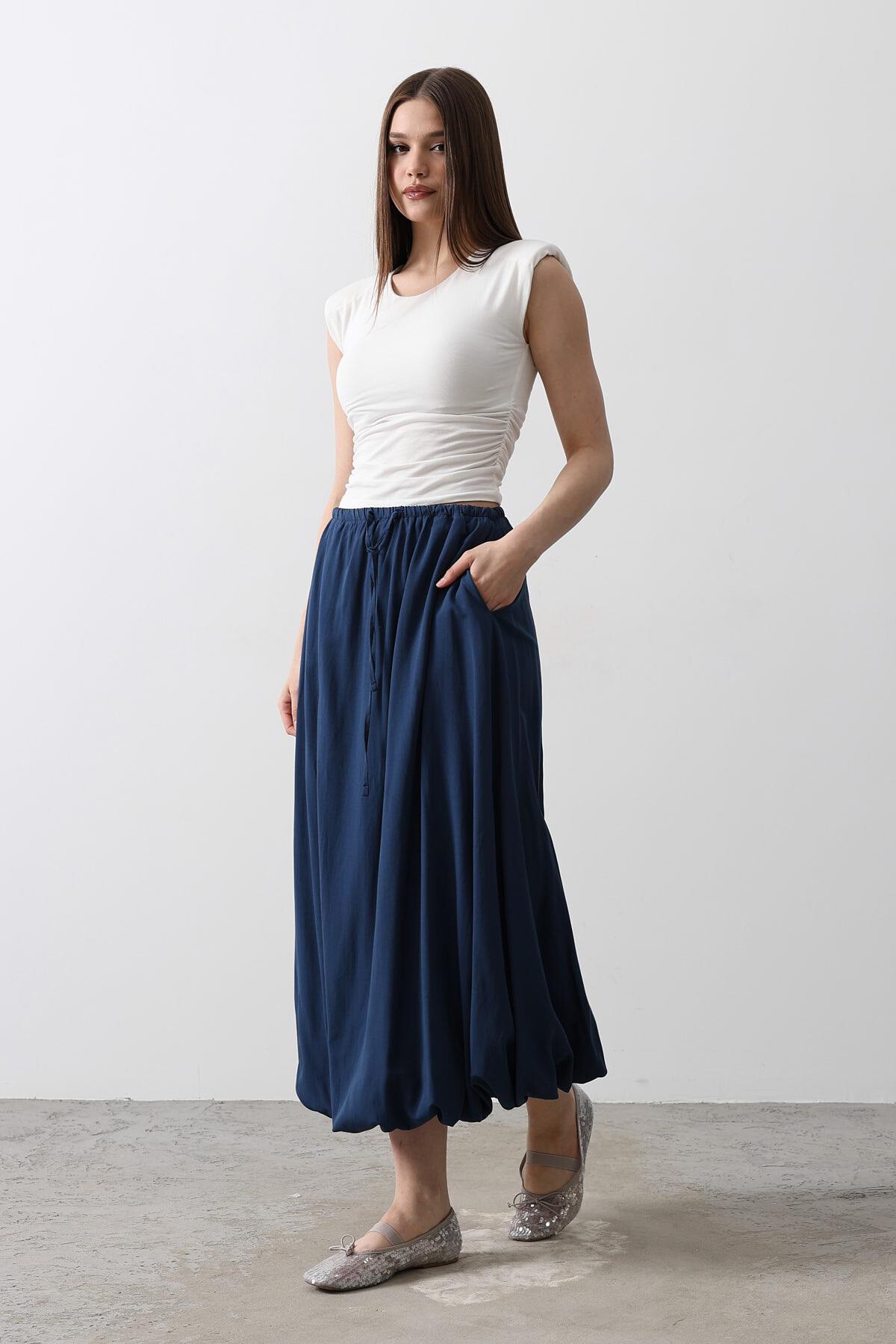 İndigo Çift Cepli Beli Lastikli Ve Bağcıklı Balon Etek