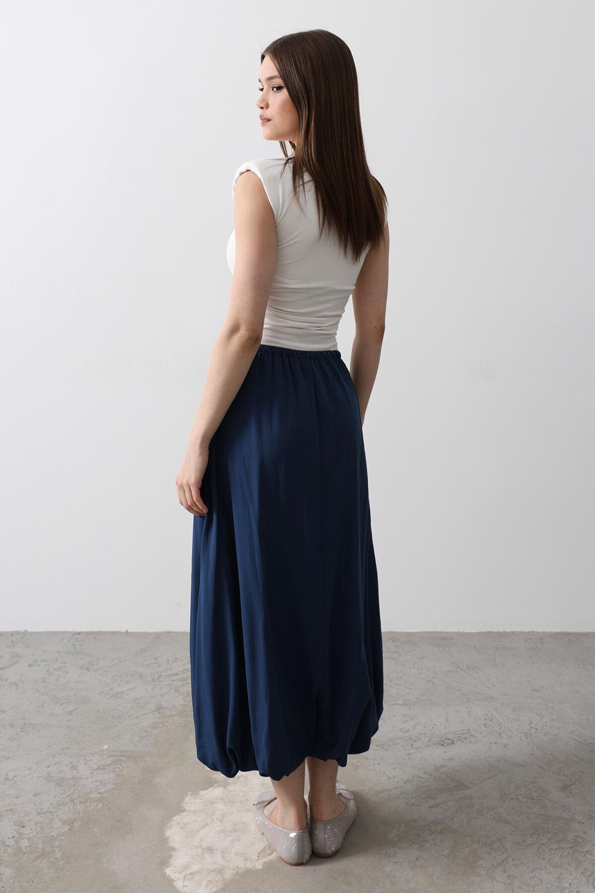 İndigo Çift Cepli Beli Lastikli Ve Bağcıklı Balon Etek