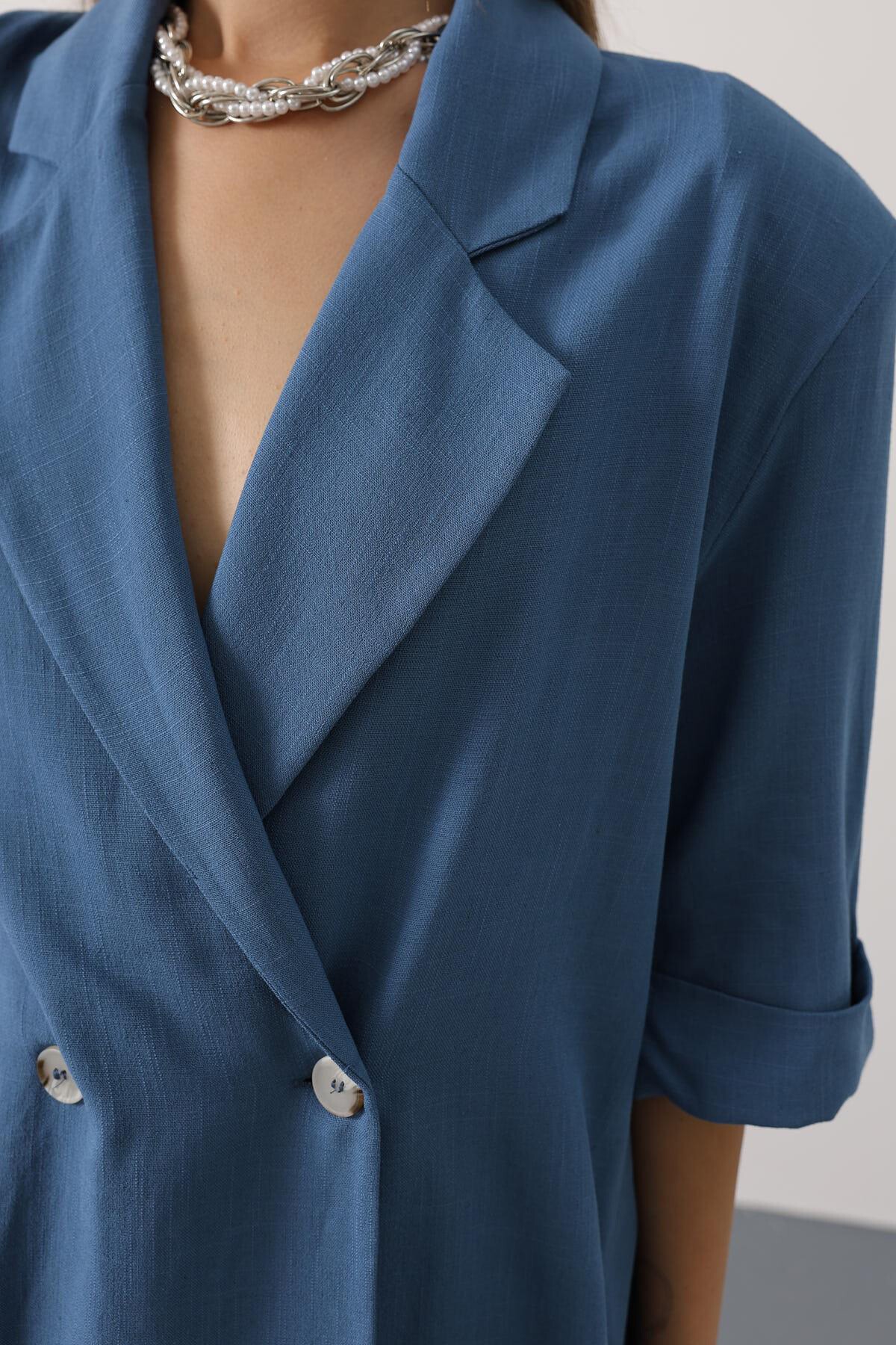 İndigo Beli Dantel Detaylı Keten Pantolon