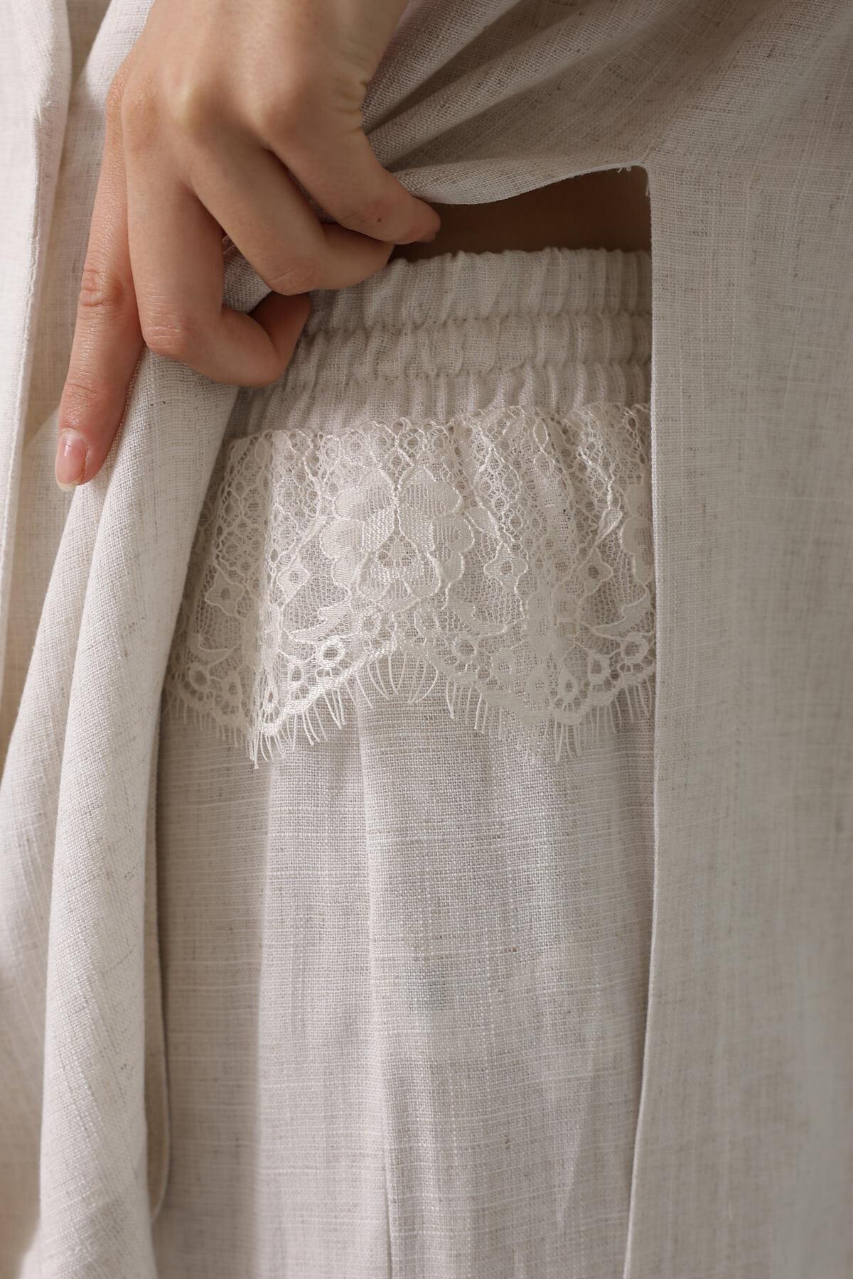 Krem Beli Dantel Detaylı Keten Pantolon