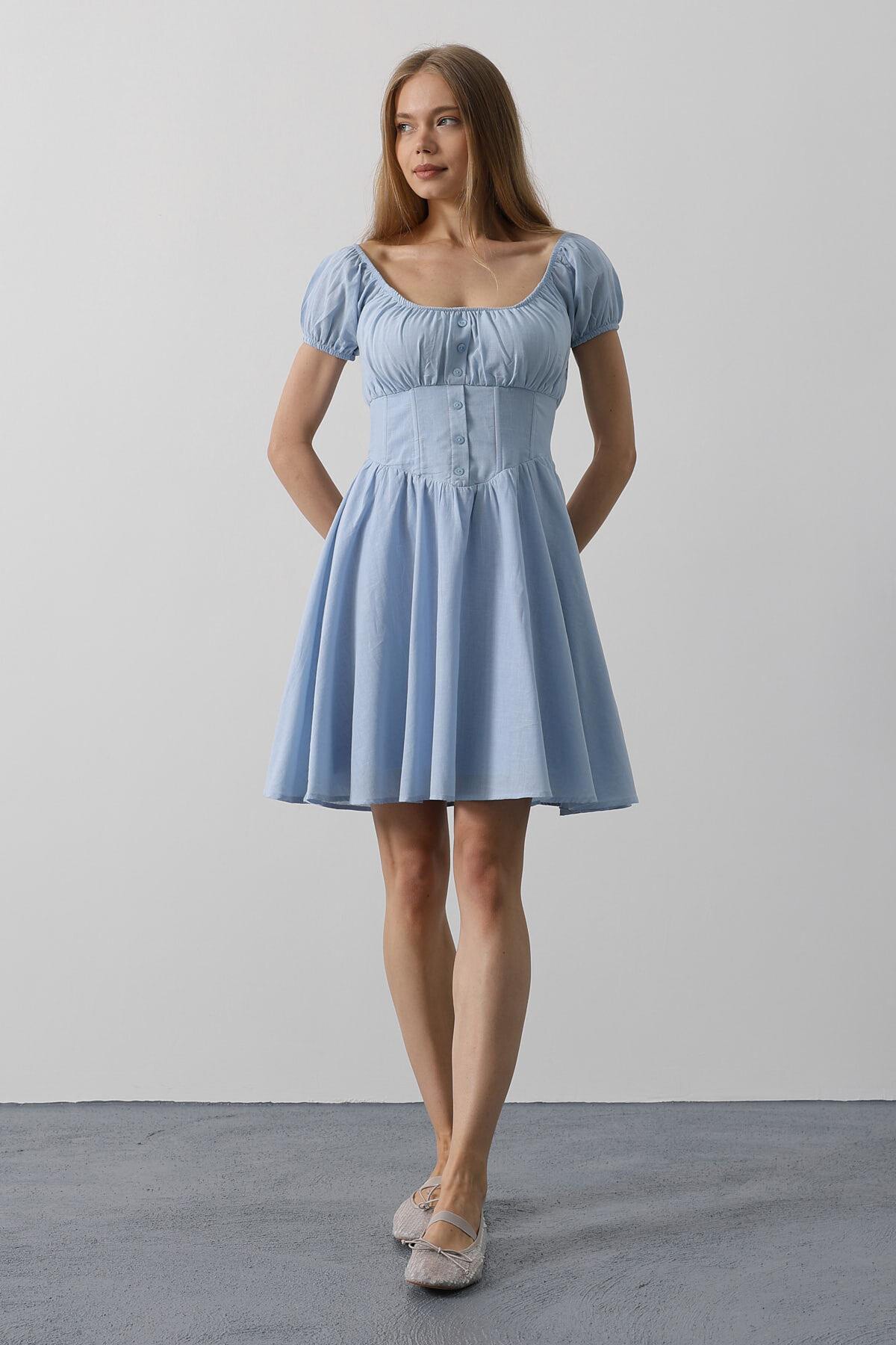 Bebe Mavisi U Yaka Düğme Detaylı Beli Korseli Mini Elbise