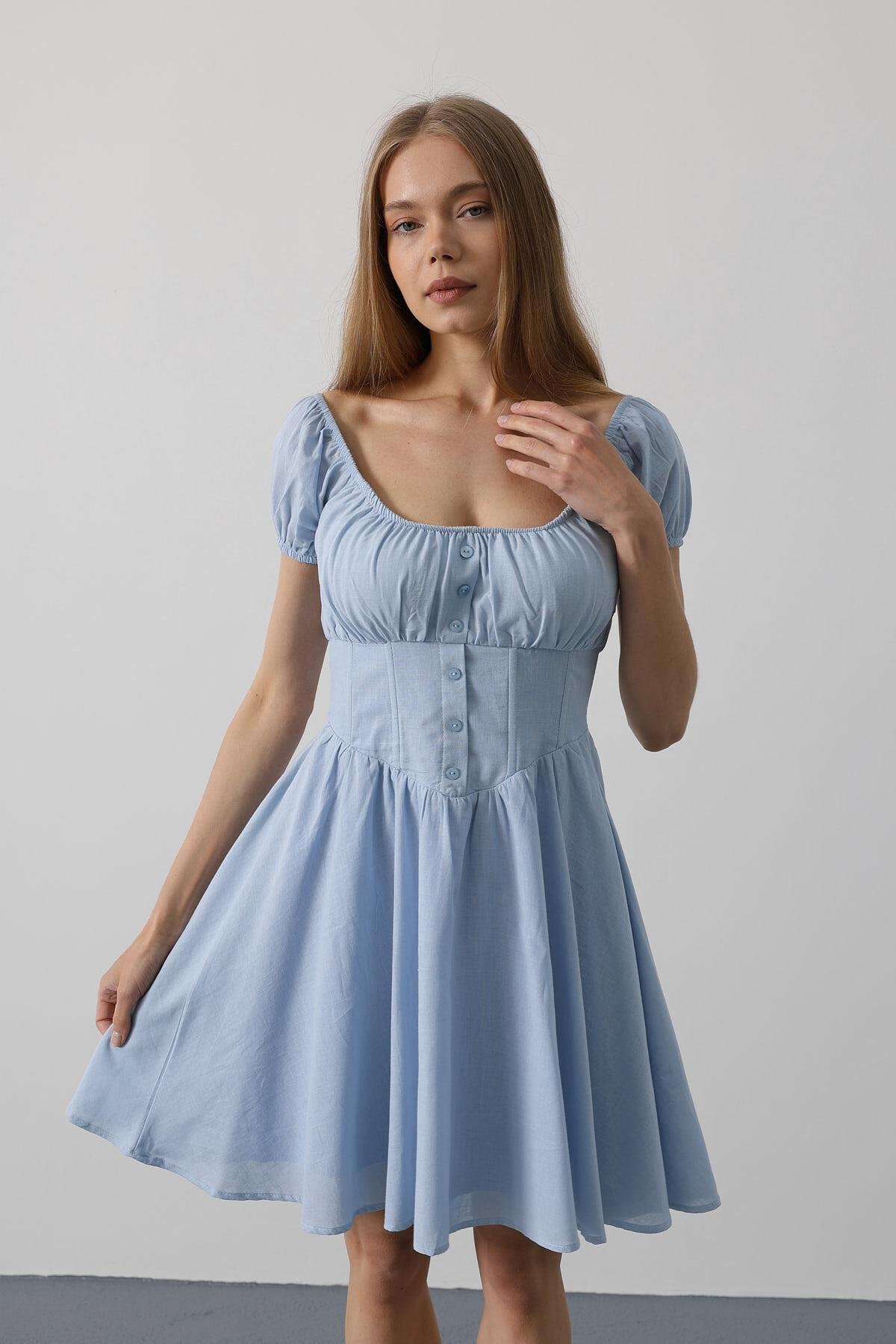 Bebe Mavisi U Yaka Düğme Detaylı Beli Korseli Mini Elbise