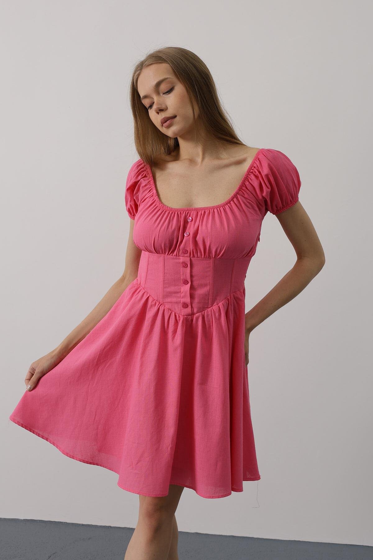 Fuşya U Yaka Düğme Detaylı Beli Korseli Mini Elbise