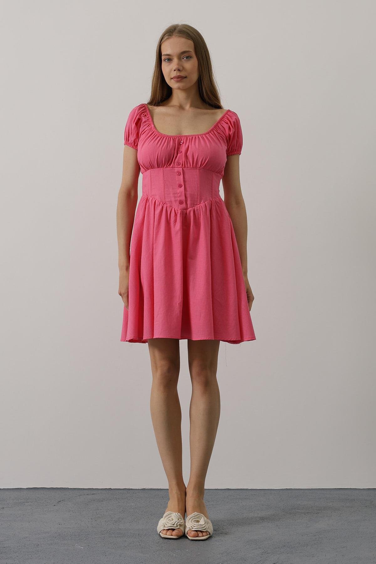 Fuşya U Yaka Düğme Detaylı Beli Korseli Mini Elbise