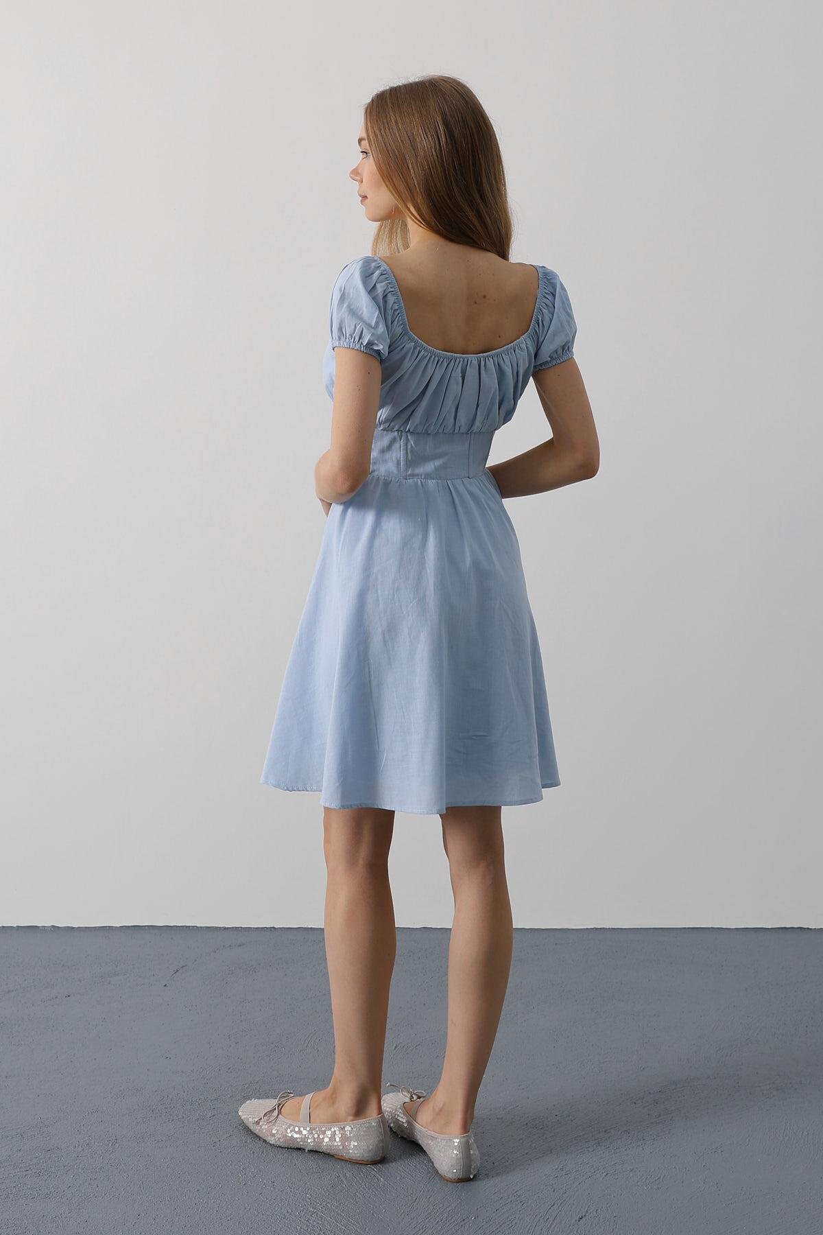 Bebe Mavisi U Yaka Düğme Detaylı Beli Korseli Mini Elbise