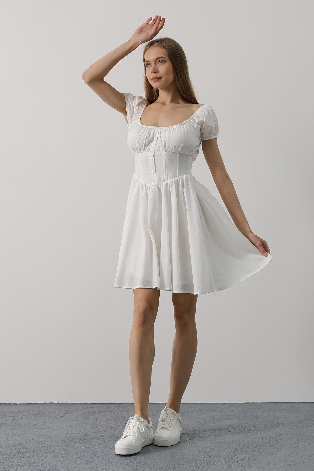 Beyaz U Yaka Düğme Detaylı Beli Korseli Mini Elbise