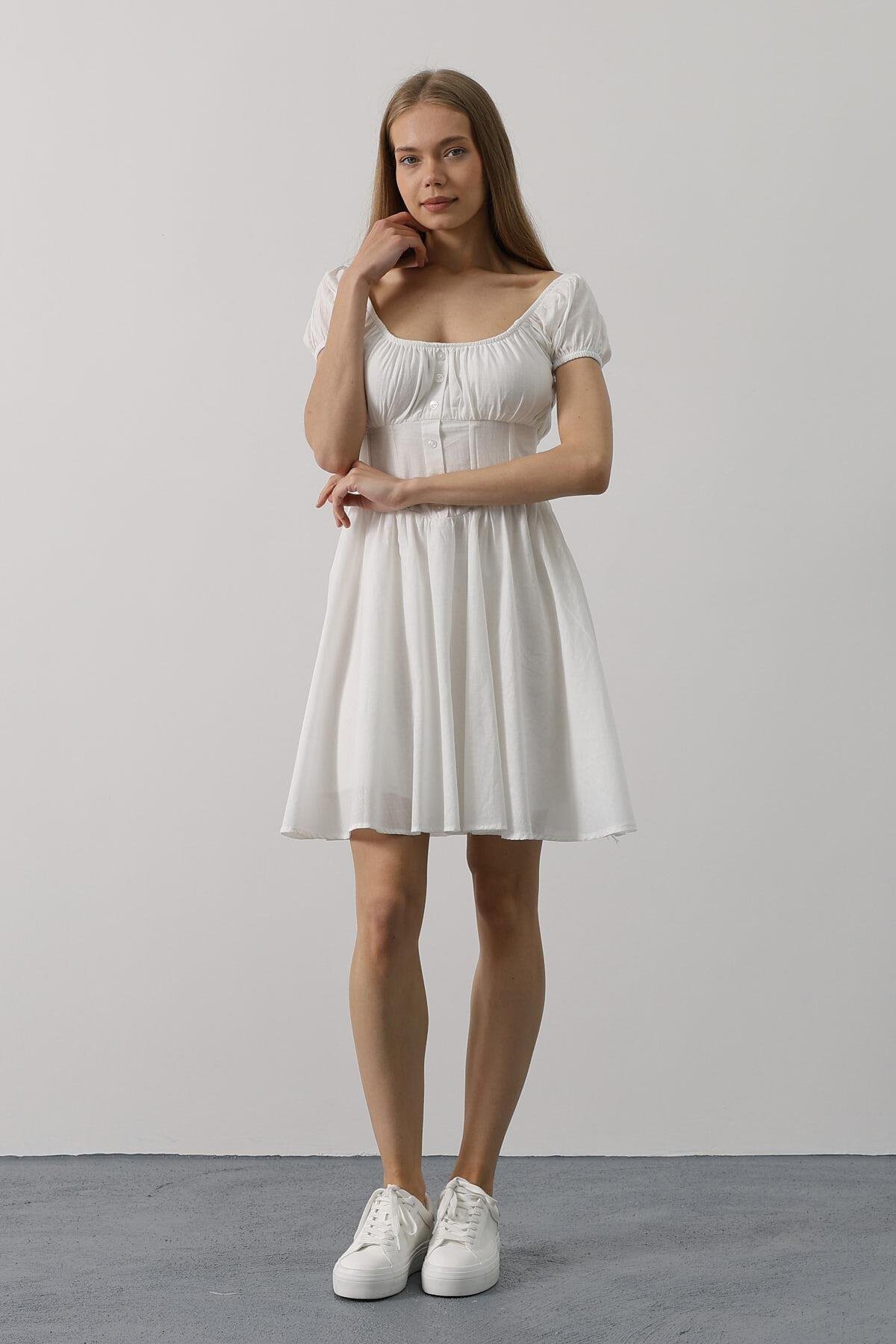 Beyaz U Yaka Düğme Detaylı Beli Korseli Mini Elbise