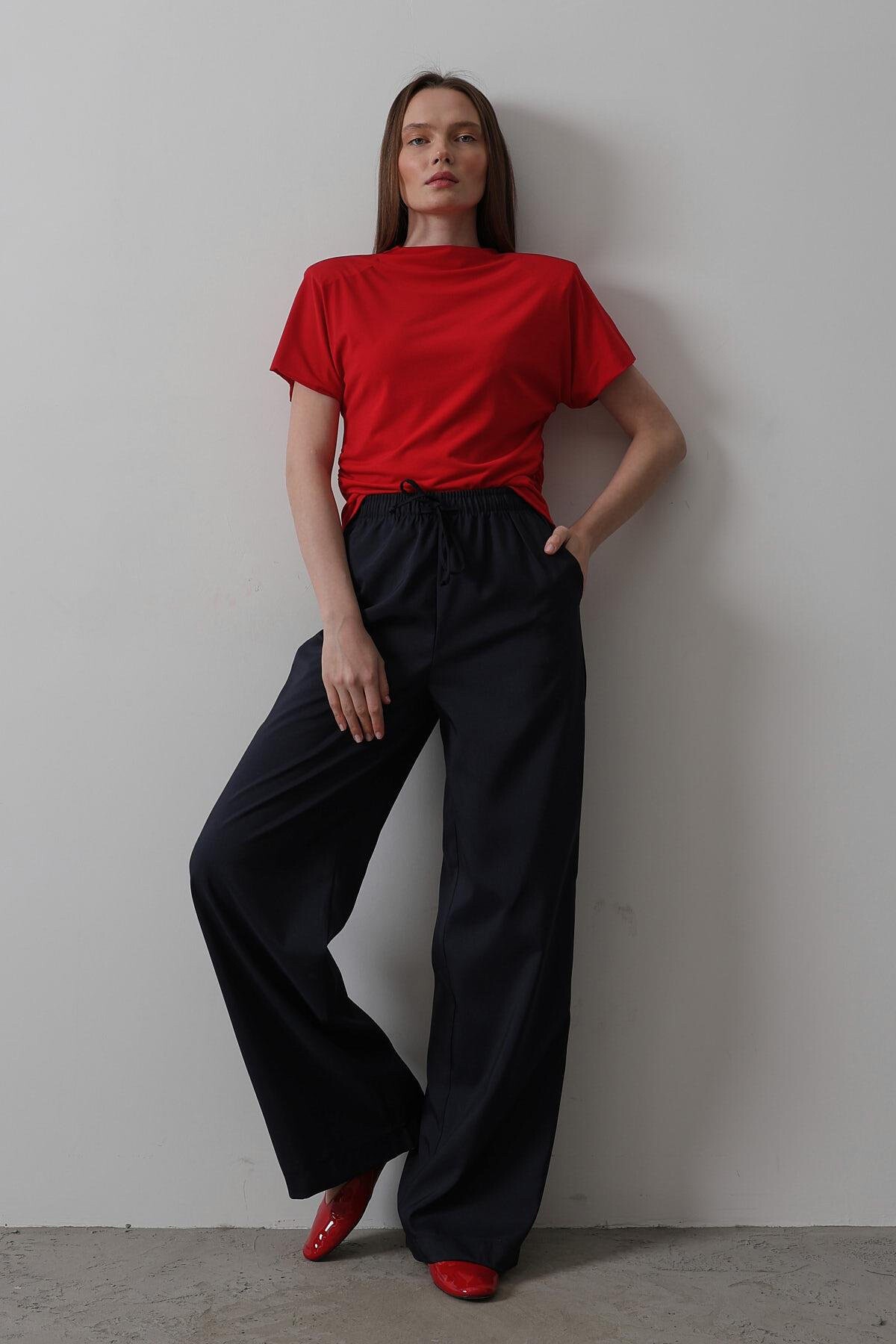 Lacivert Çift Cepli Beli Lastikli Bol Paça Pantolon