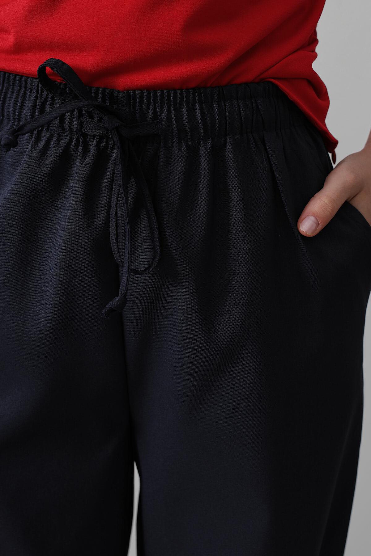 Lacivert Çift Cepli Beli Lastikli Bol Paça Pantolon