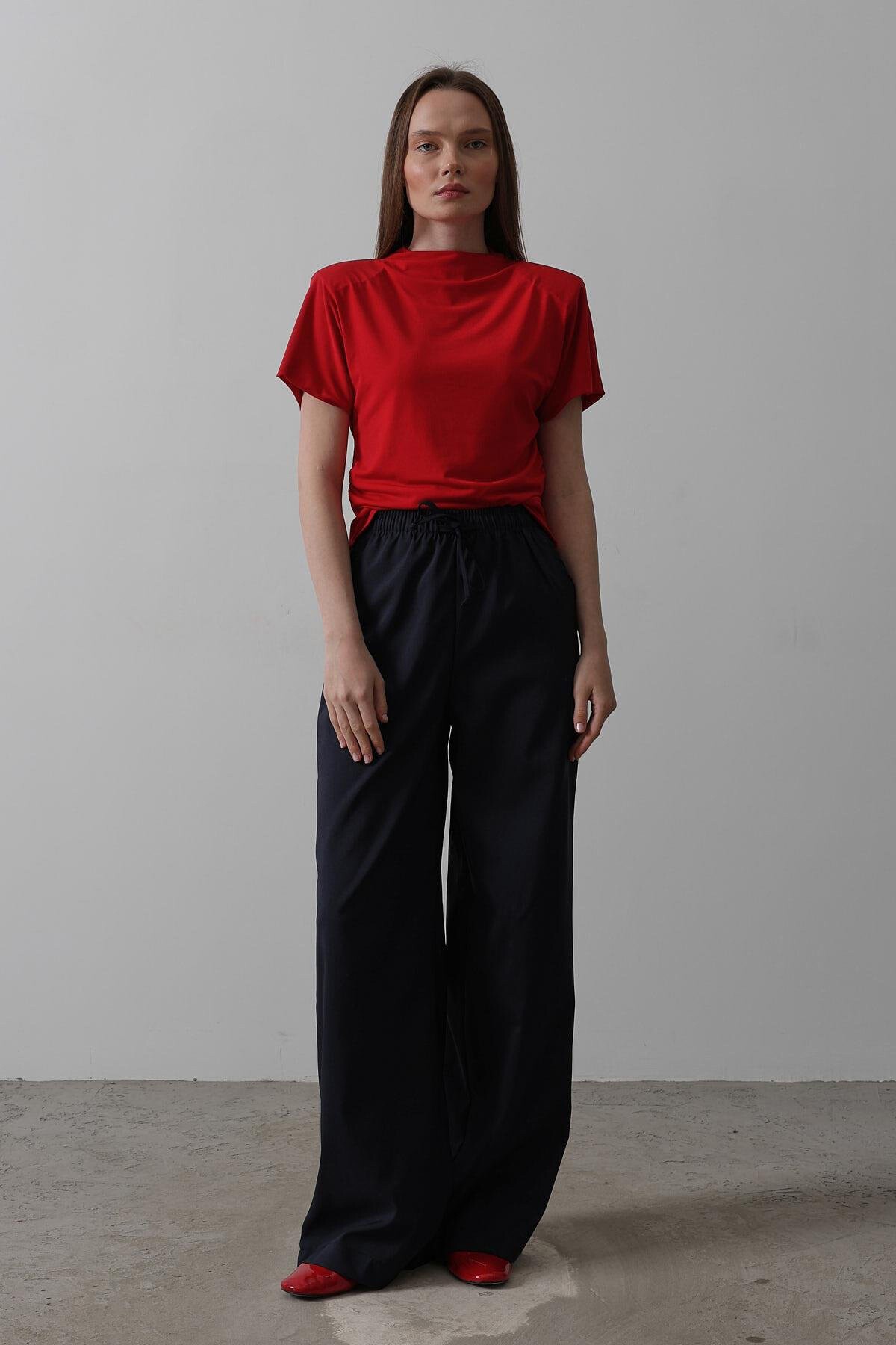 Lacivert Çift Cepli Beli Lastikli Bol Paça Pantolon